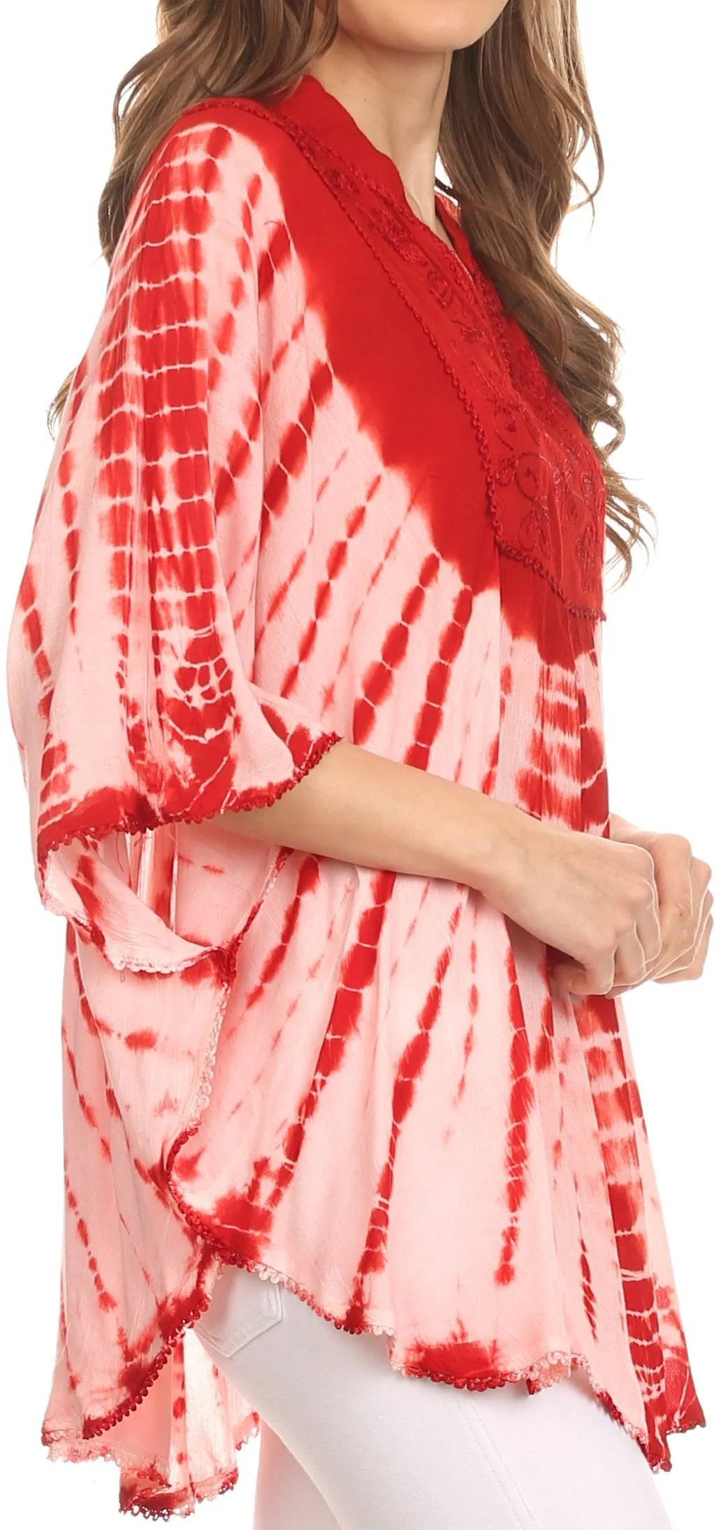 Sakkas Aneko Tie Dye Circle Poncho Blouse Top With Floral Emrbroidery And V Neck