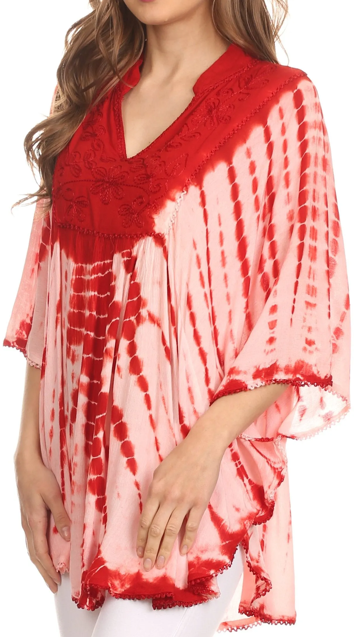 Sakkas Aneko Tie Dye Circle Poncho Blouse Top With Floral Emrbroidery And V Neck