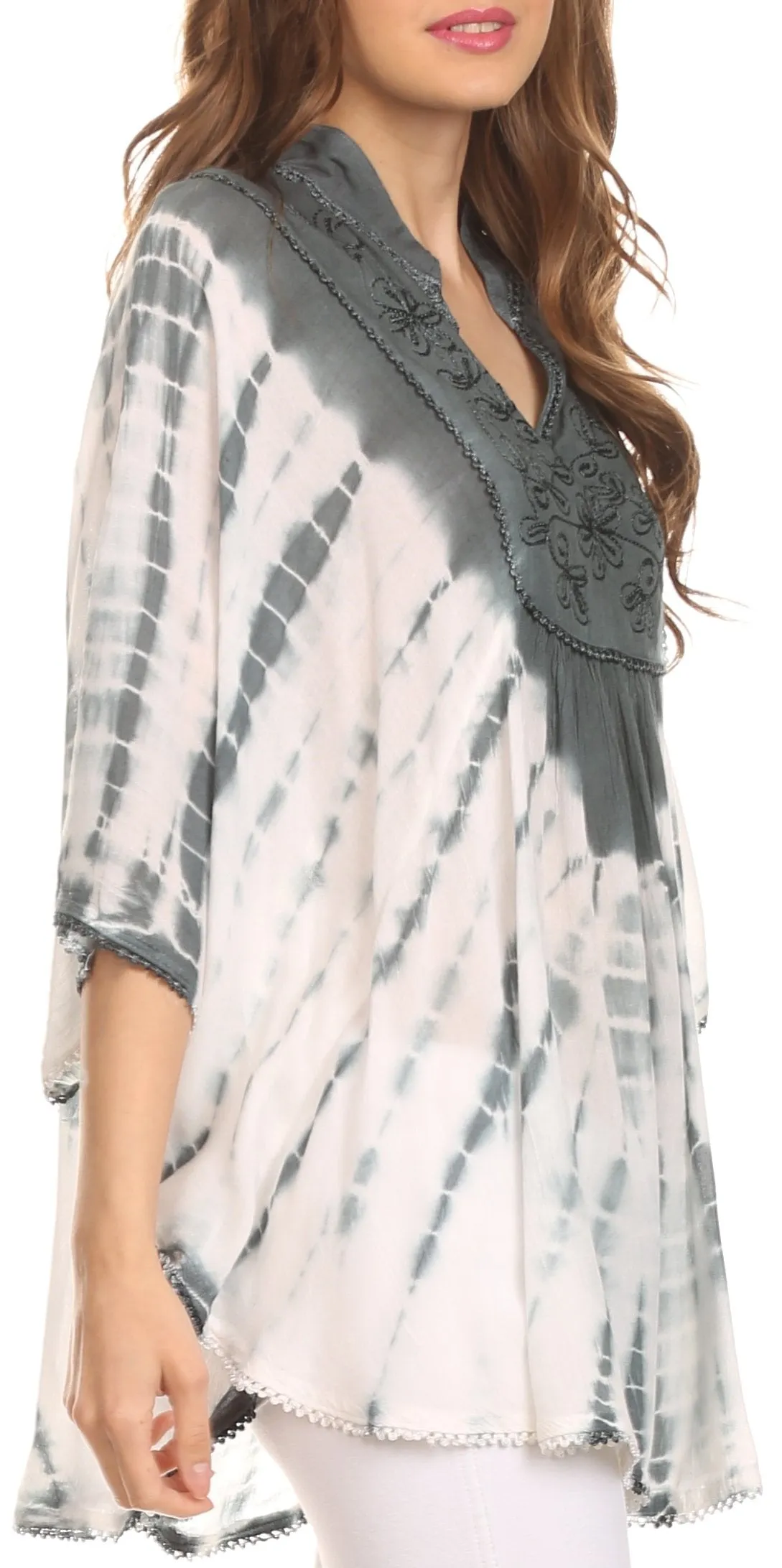 Sakkas Aneko Tie Dye Circle Poncho Blouse Top With Floral Emrbroidery And V Neck