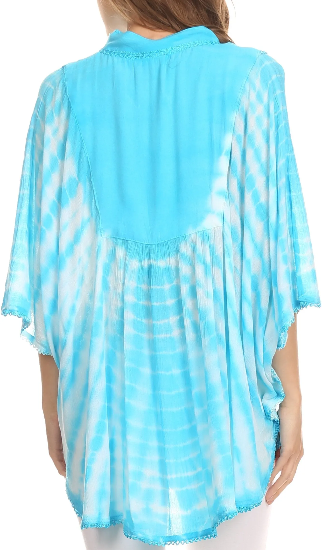 Sakkas Aneko Tie Dye Circle Poncho Blouse Top With Floral Emrbroidery And V Neck