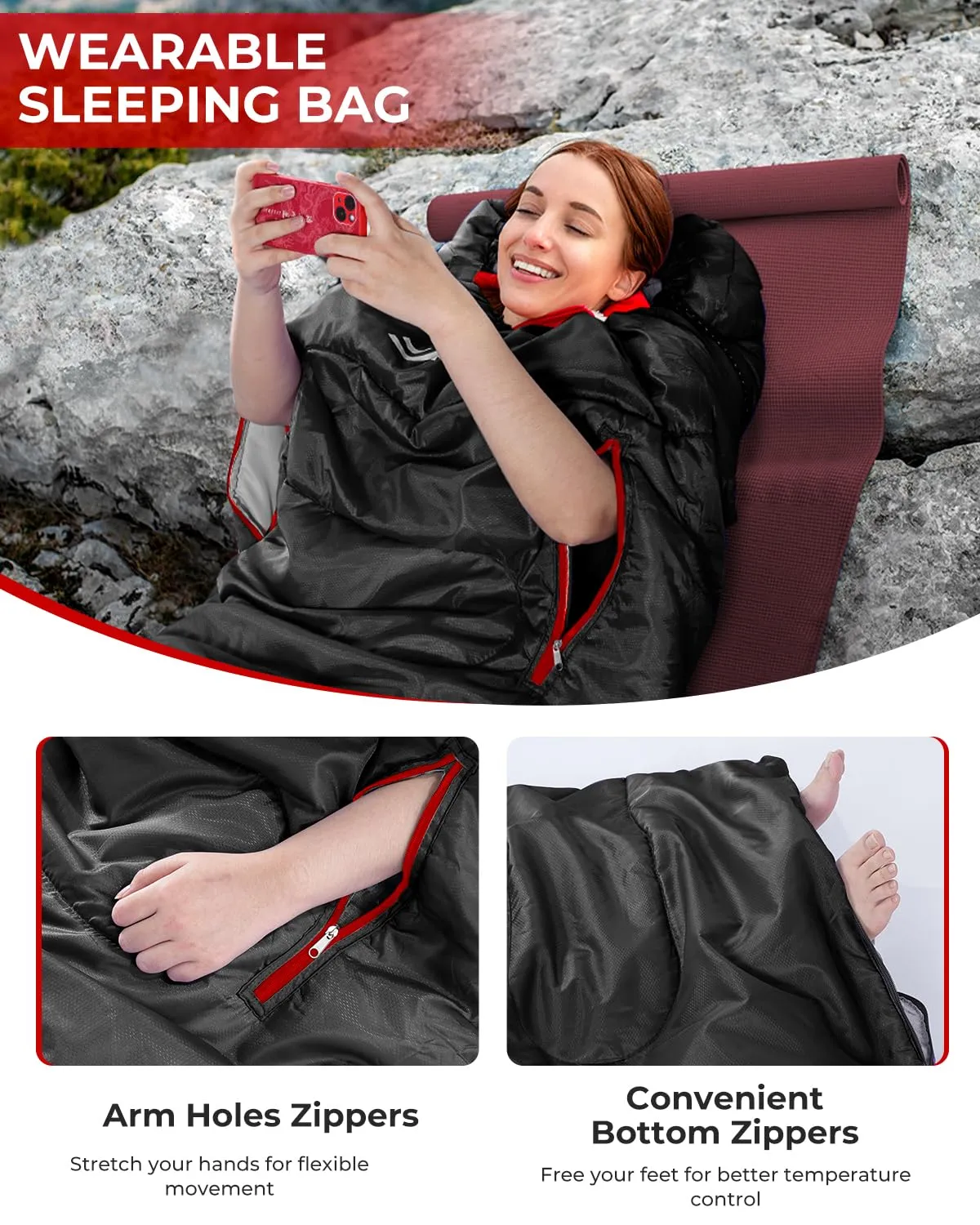 Sportneer Sleeping Bag - Wearable for Adults & Kids with Arm Zipper Holes in Cold & Warm Weather, Waterproof Portable Sleeping Bag for Camping, Hiking, Backpacking, Outdoor Travel