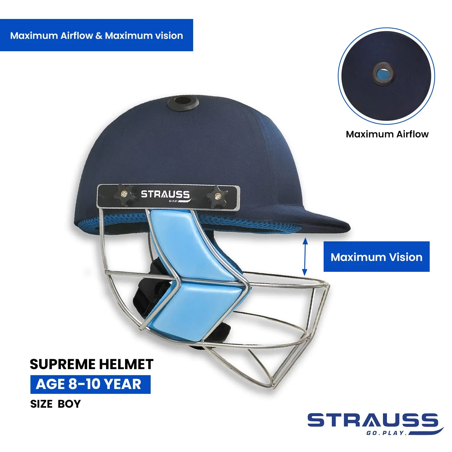 Strauss Supreme Cricket Helmet with Detachable Steel Grill | Lightweight, Comfortable Head Protection for Cricket | Adjustable Straps, Ventilated Design | Size-Boys, Age Group (8-10 Years)