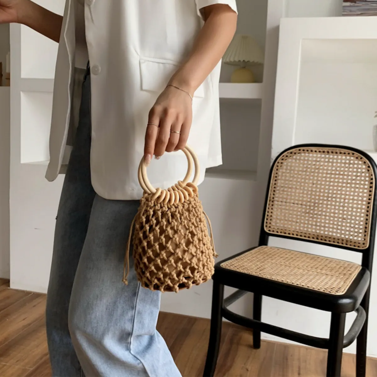 Summer Cotton Rope Crochet Bag With Ratten Ring Handle