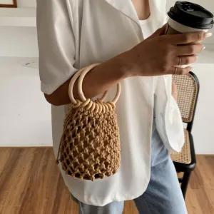 Summer Cotton Rope Crochet Bag With Ratten Ring Handle