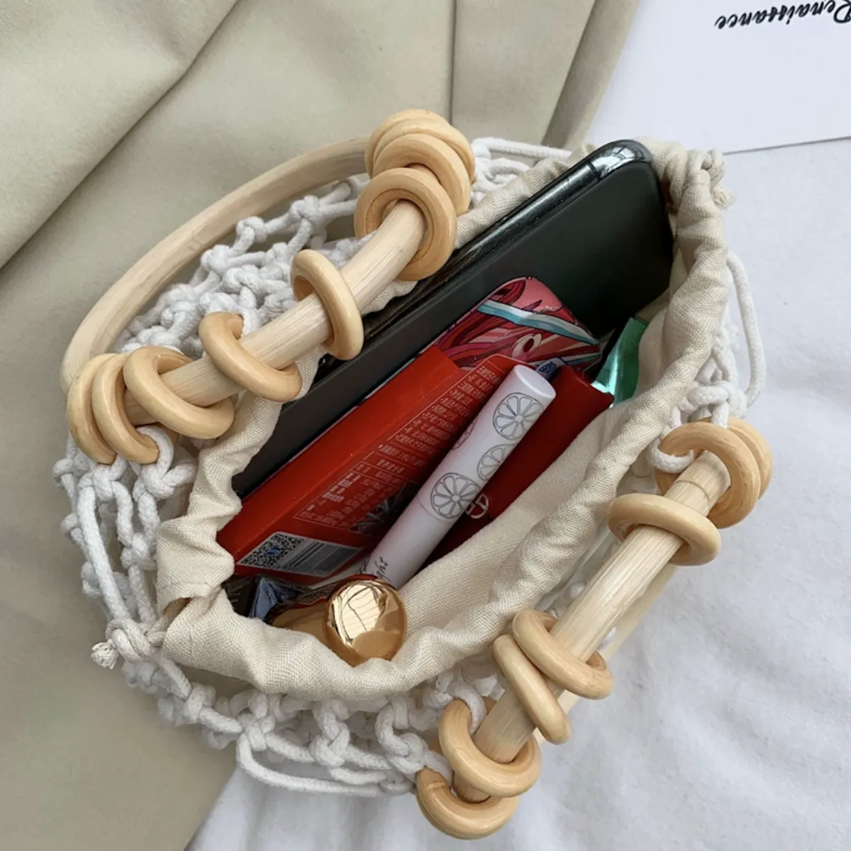 Summer Cotton Rope Crochet Bag With Ratten Ring Handle