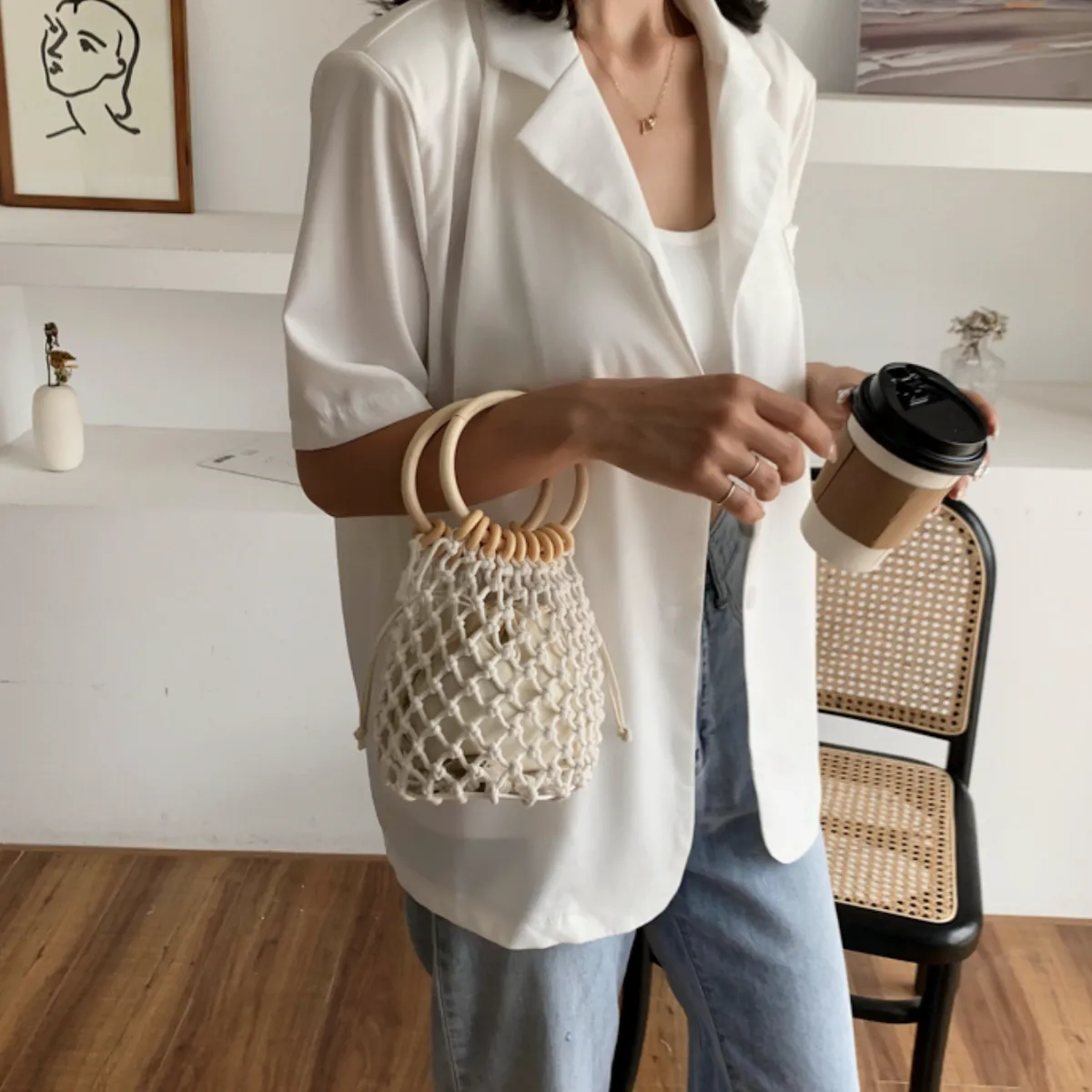 Summer Cotton Rope Crochet Bag With Ratten Ring Handle