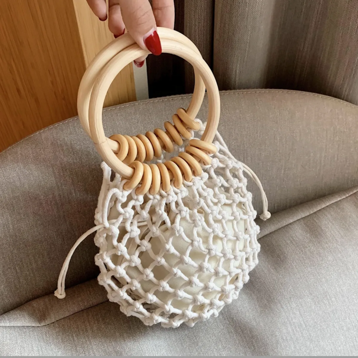 Summer Cotton Rope Crochet Bag With Ratten Ring Handle