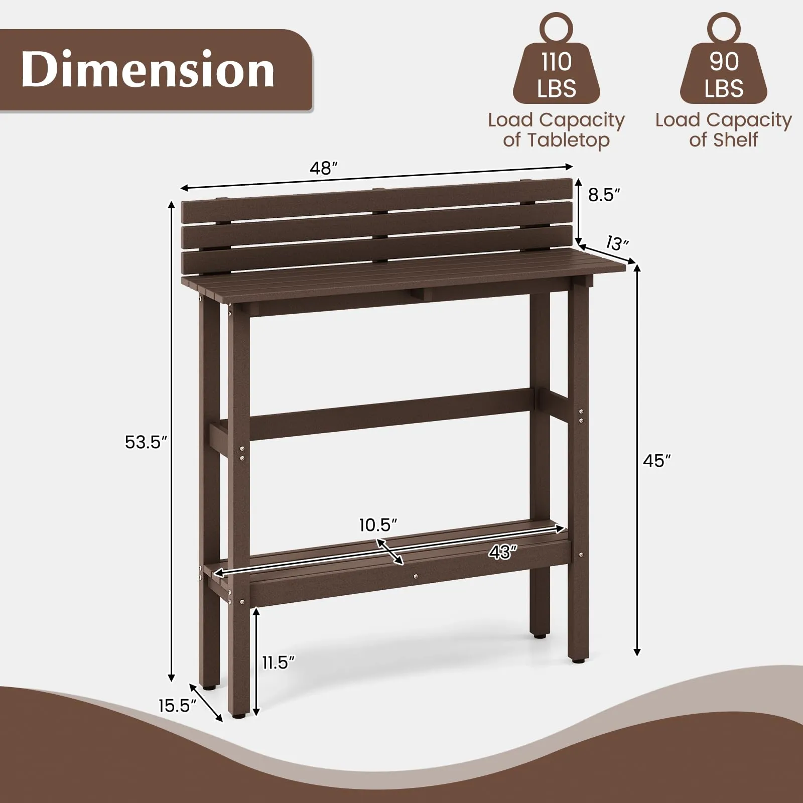 Tangkula Outdoor Bar Table, 48 Inch Patio Pub Height Table with Storage Shelf & Adjustable Foot Pads