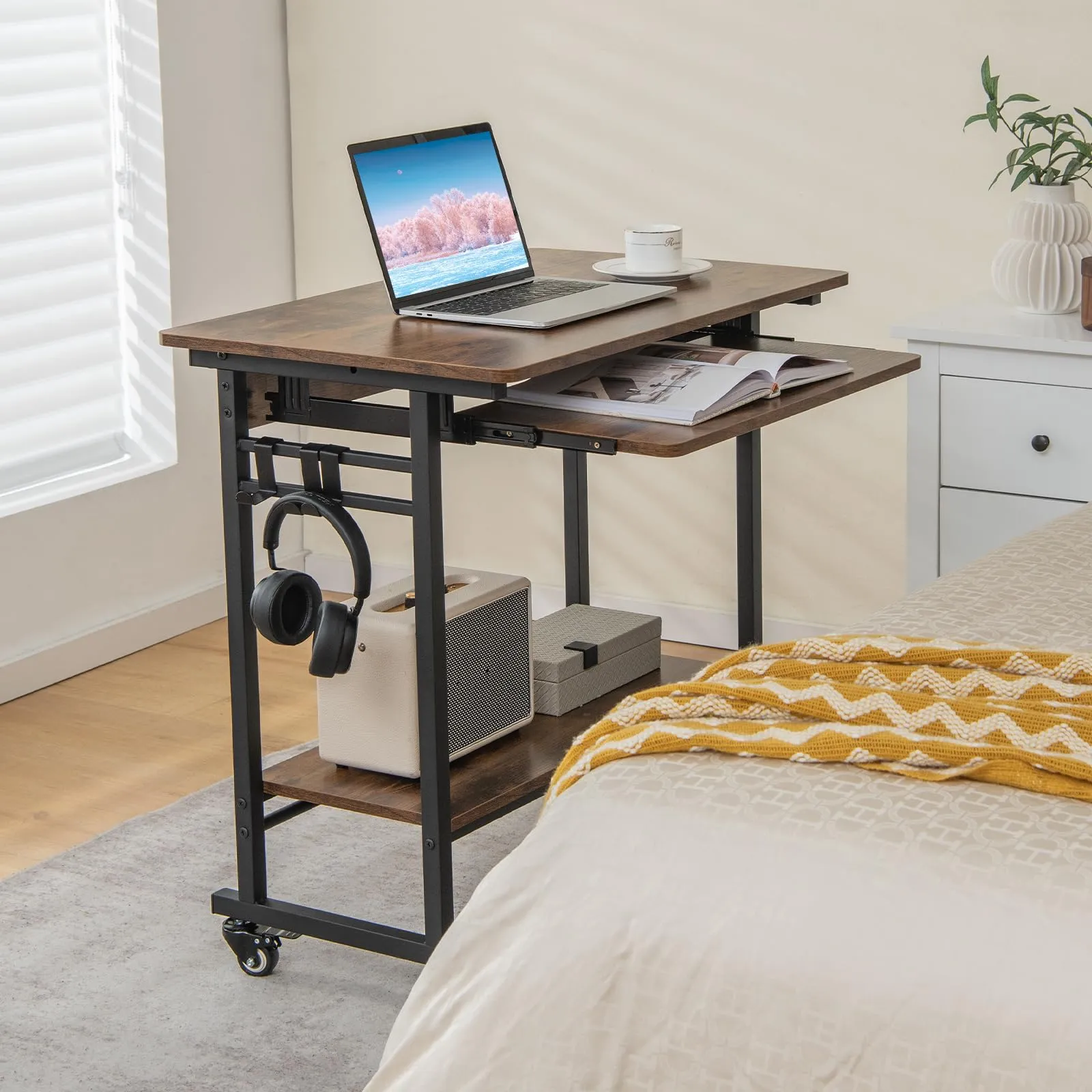 Tangkula Rolling Computer Desk Cart with Keyboard Tray, Mobile Portable Laptop PC Desk with CPU Stand & 3 Hooks for Sofa & Bed