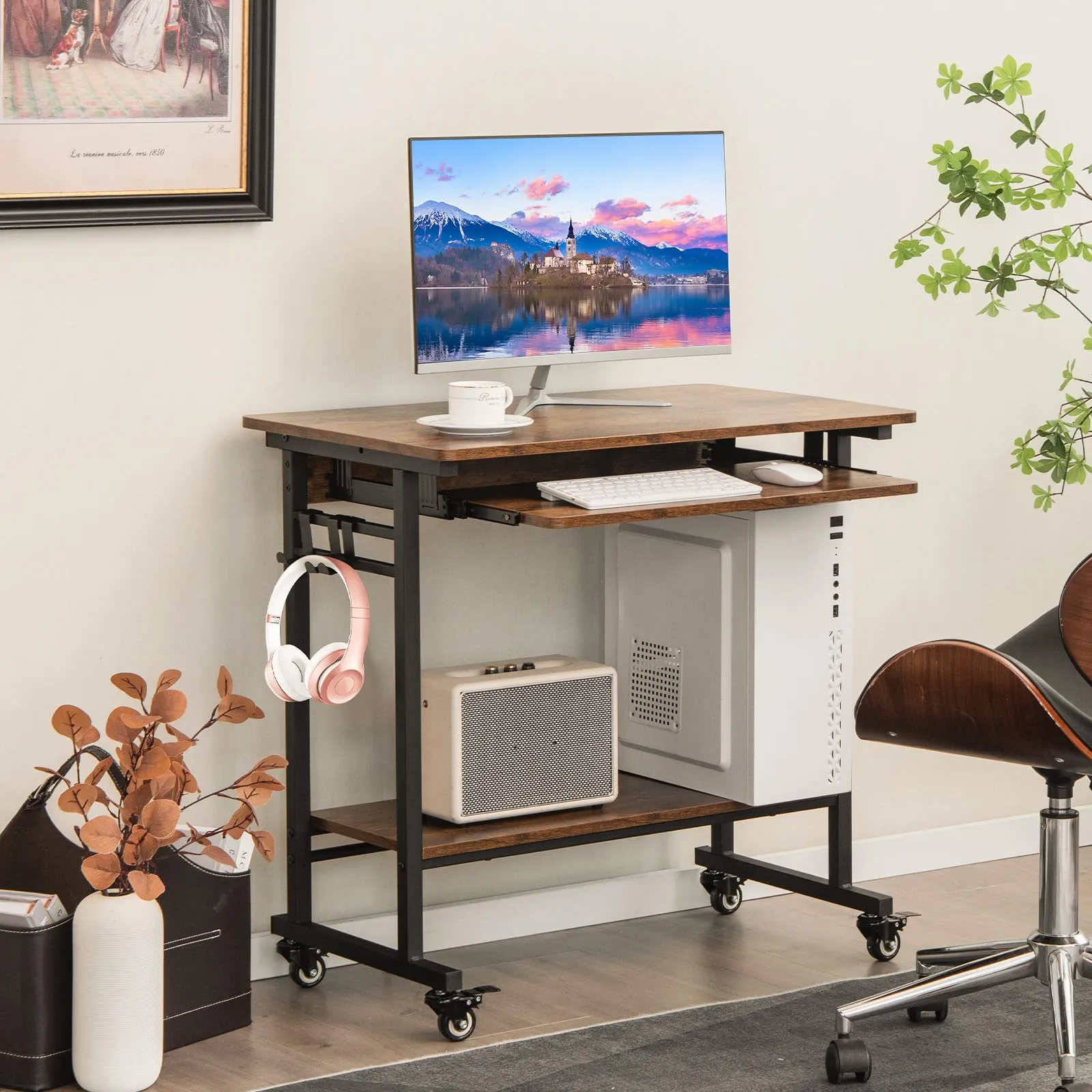 Tangkula Rolling Computer Desk Cart with Keyboard Tray, Mobile Portable Laptop PC Desk with CPU Stand & 3 Hooks for Sofa & Bed