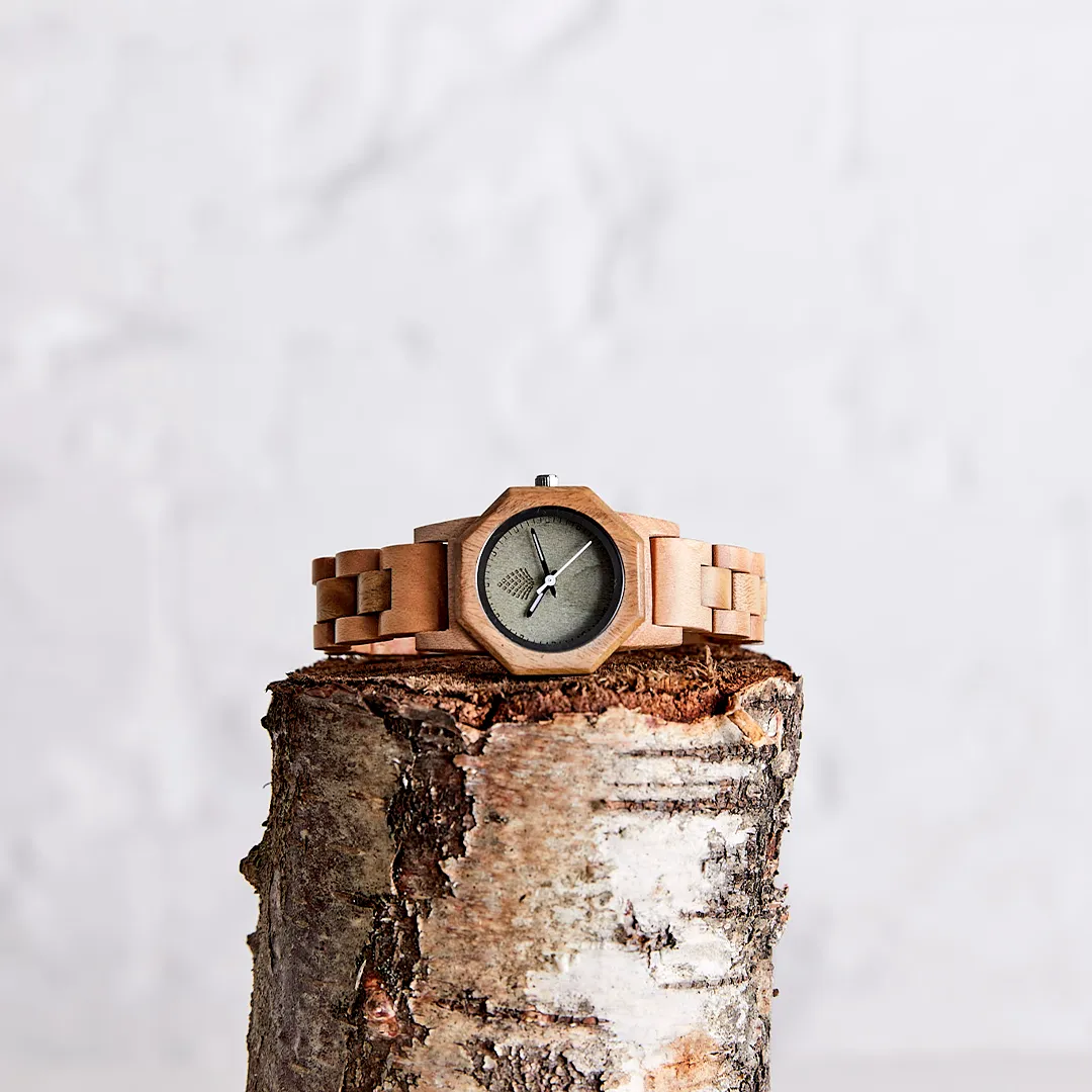 The Willow Watch - Eco-Friendly Handmade Timepiece from Recycled Maple & Green Sandalwood | Sustainable Fashion Watch