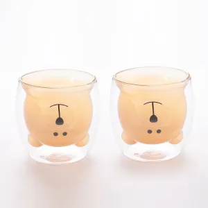 UMAI Cute Teddy Bear Glass Mug Set of 2 I Double Walled Borosilicate 250ml I Transparent I Microwave Safe I Scratch Proof I Coffee Mugs for Couples I Amber I Gift for Friends, Family and Loved Ones