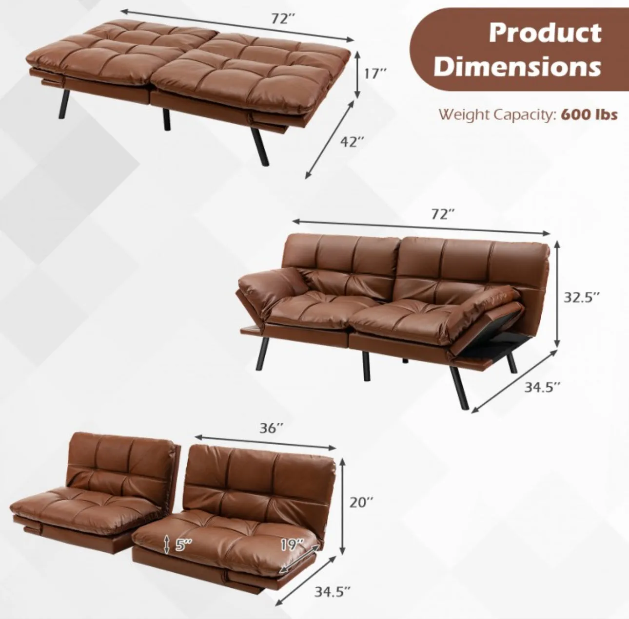 Very Elegant Modern Heavy Duty Convertible Memory Foam Futon Sofa Bed Couch With Adjustable Armrest