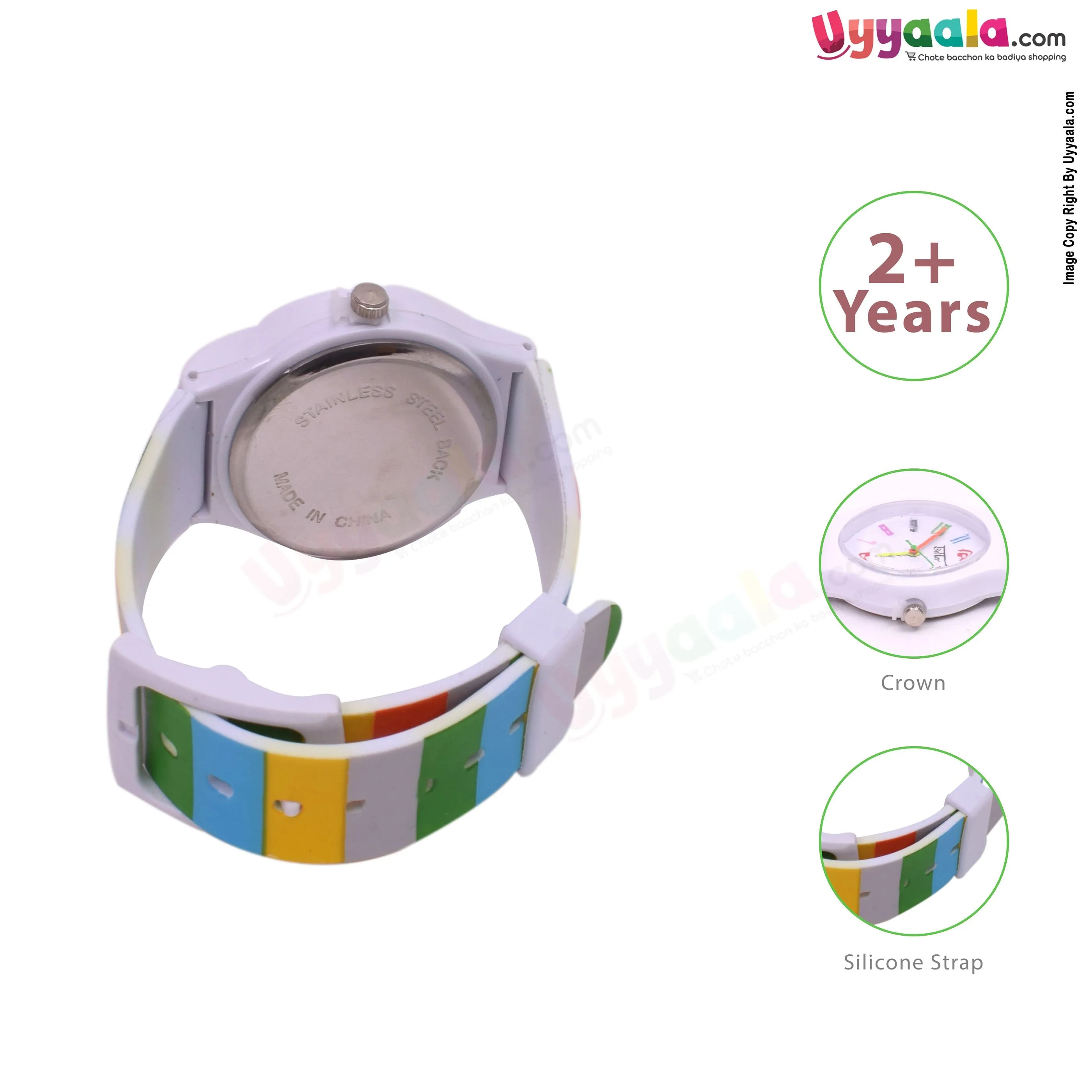 White analog wrist watch for kids - multi color strap, 2   years