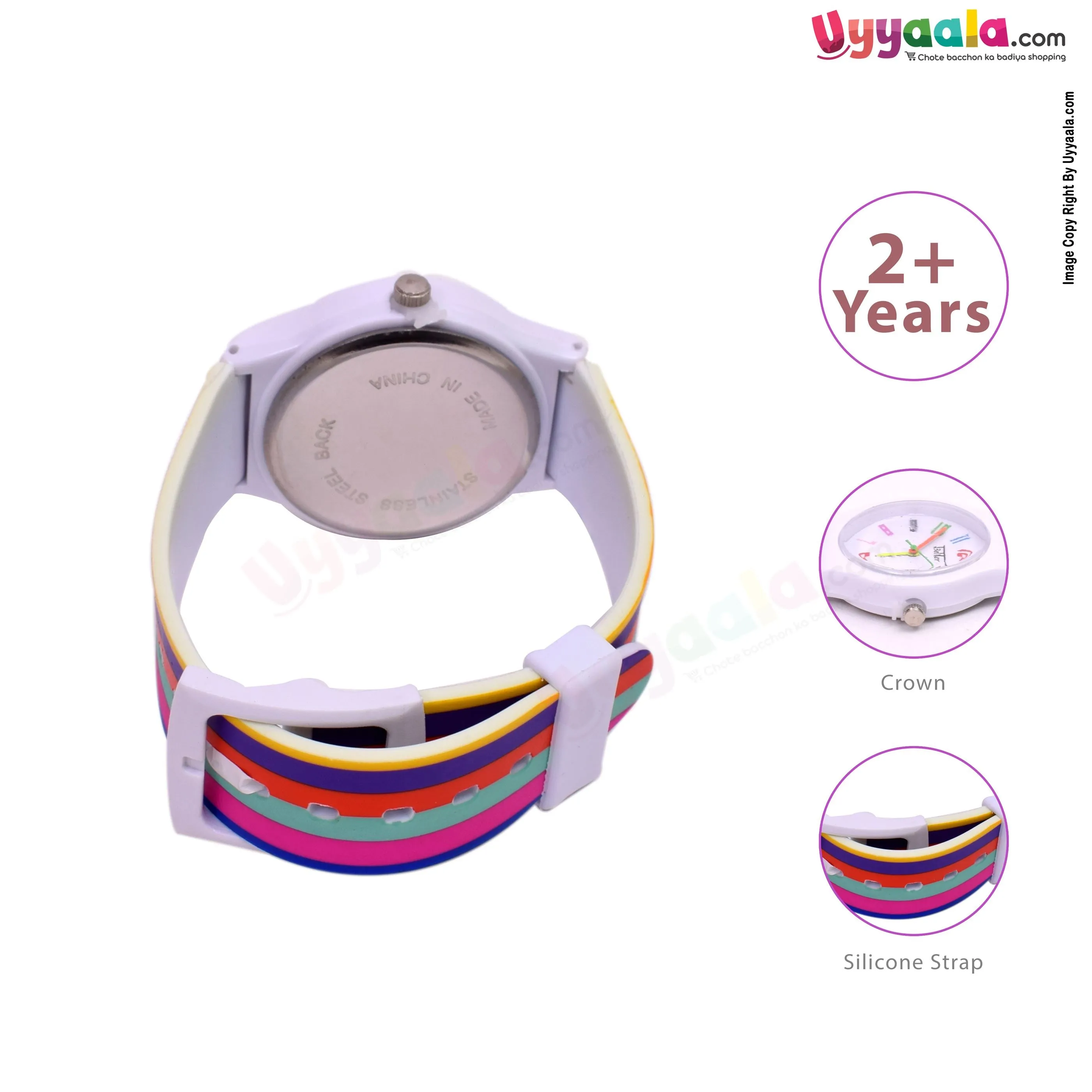 White analog wrist watch for kids - multicolor strap, 2   years