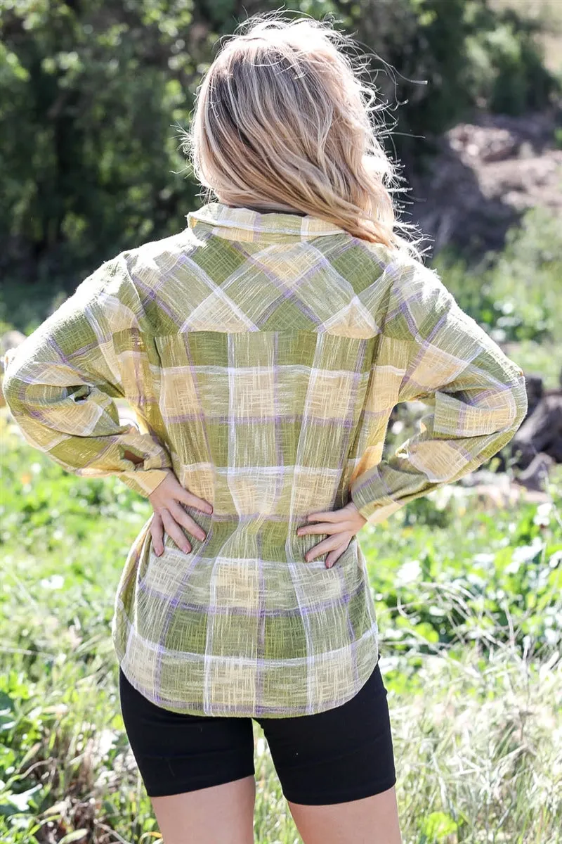 Women's Cotton & Linen Blend Textured Plaid Shirt Top