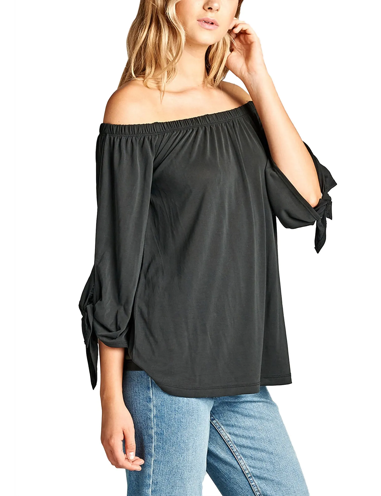 Womens Off the Shoulder Sleeve-Tie Sandwashed Modal Jersey Top