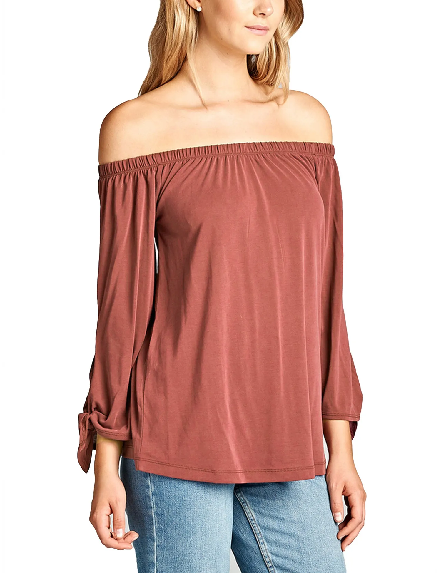 Womens Off the Shoulder Sleeve-Tie Sandwashed Modal Jersey Top