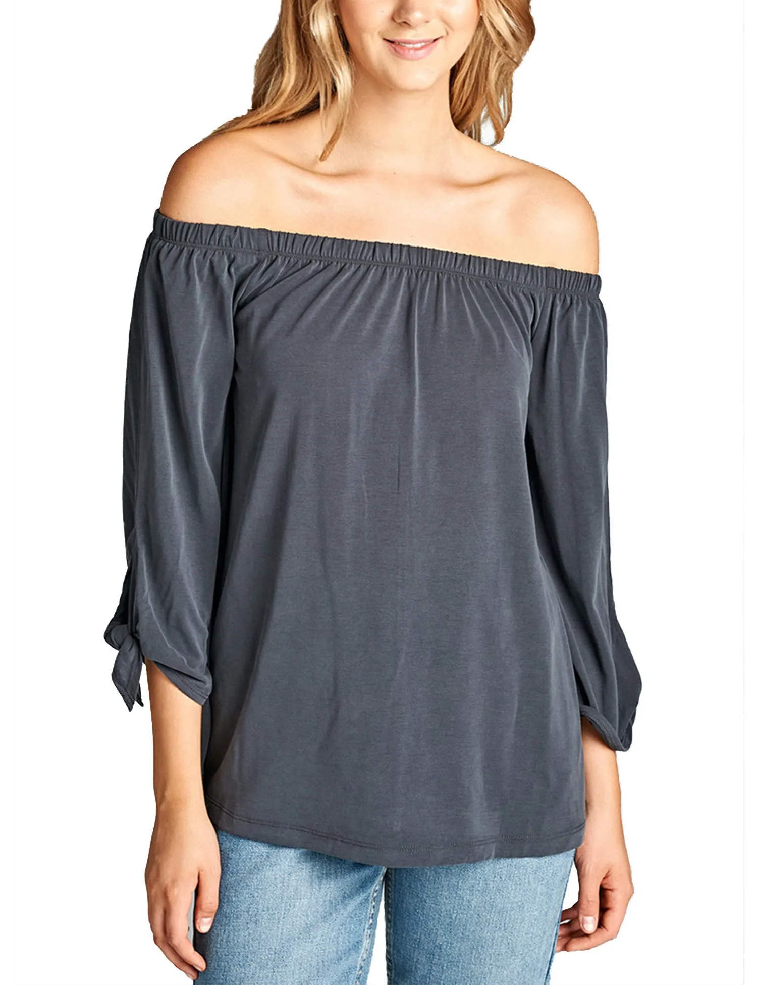 Womens Off the Shoulder Sleeve-Tie Sandwashed Modal Jersey Top