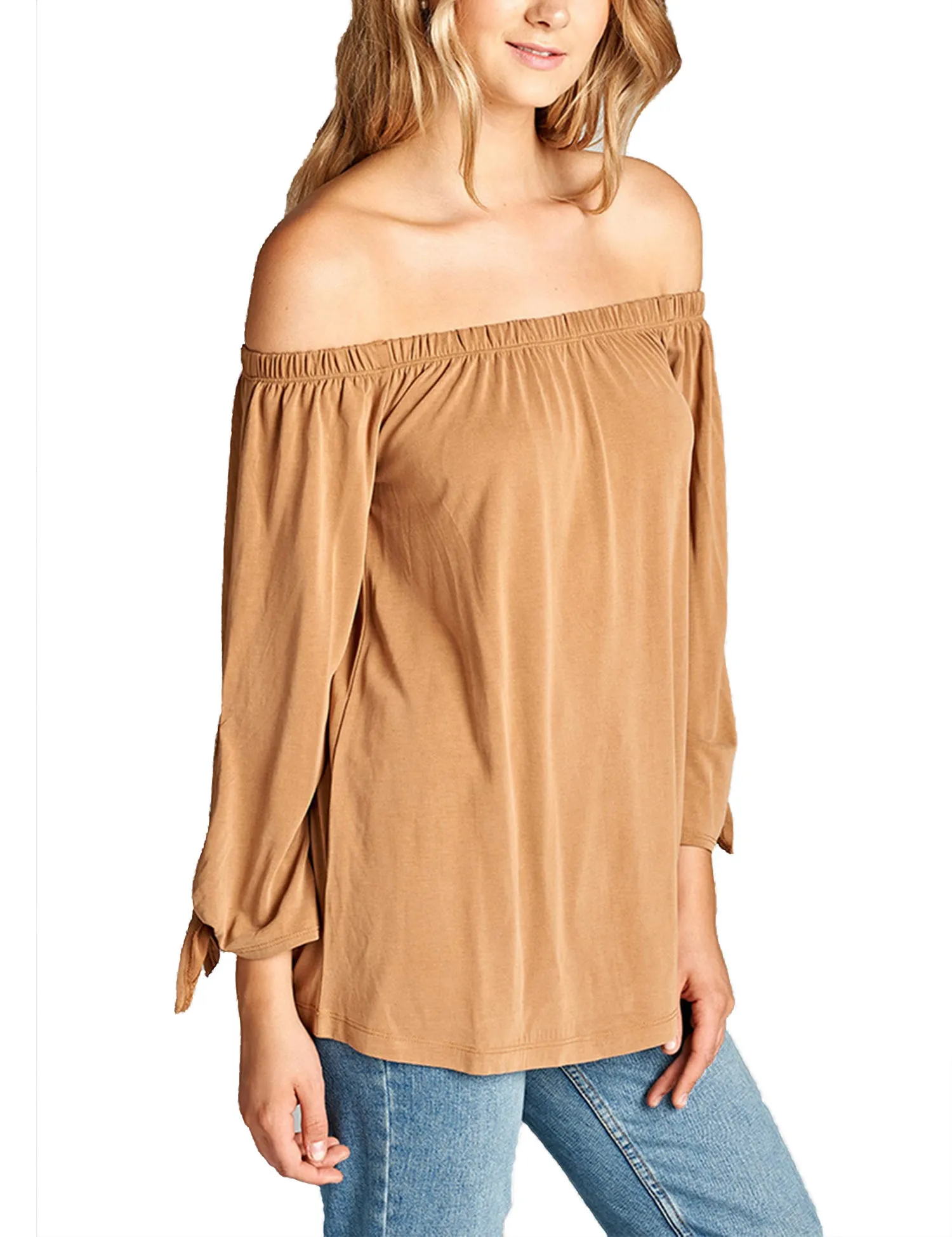 Womens Off the Shoulder Sleeve-Tie Sandwashed Modal Jersey Top