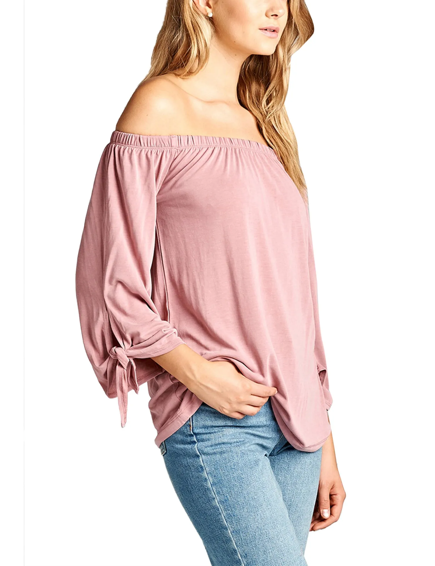 Womens Off the Shoulder Sleeve-Tie Sandwashed Modal Jersey Top