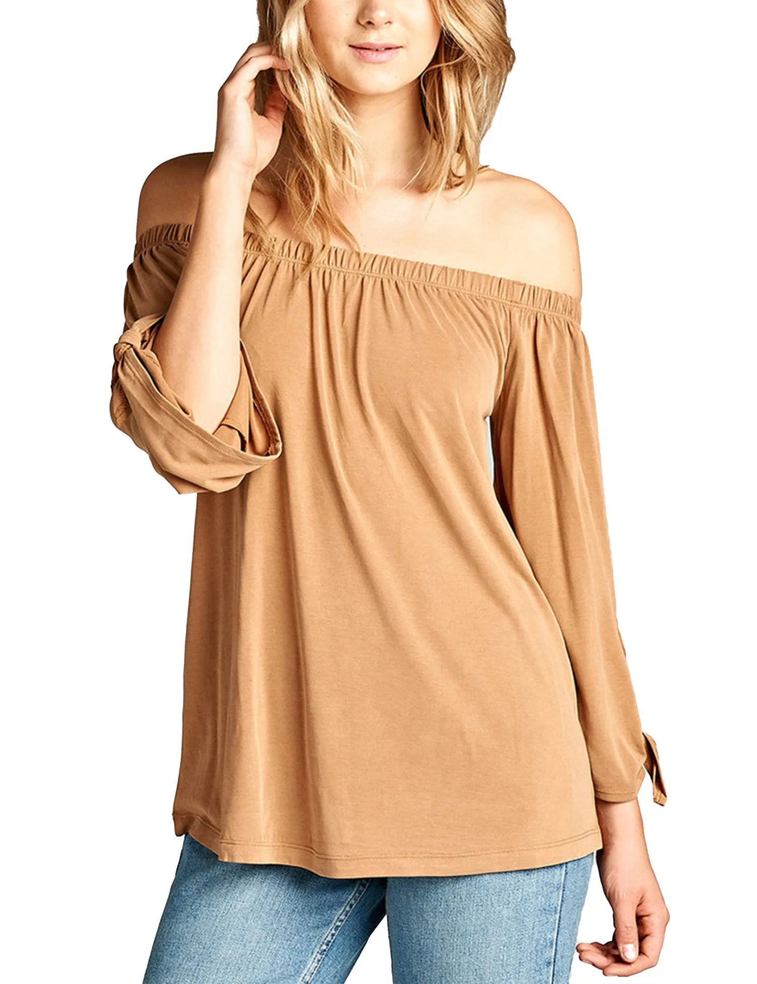 Womens Off the Shoulder Sleeve-Tie Sandwashed Modal Jersey Top