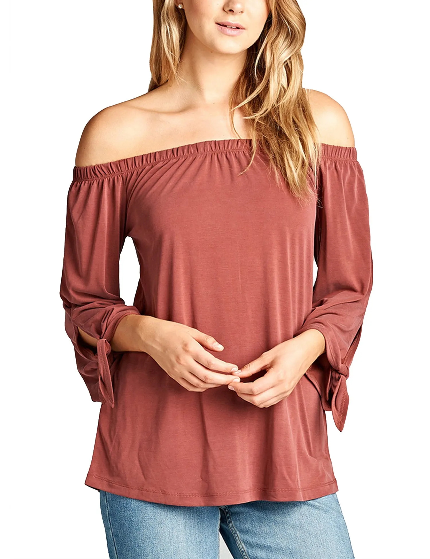 Womens Off the Shoulder Sleeve-Tie Sandwashed Modal Jersey Top