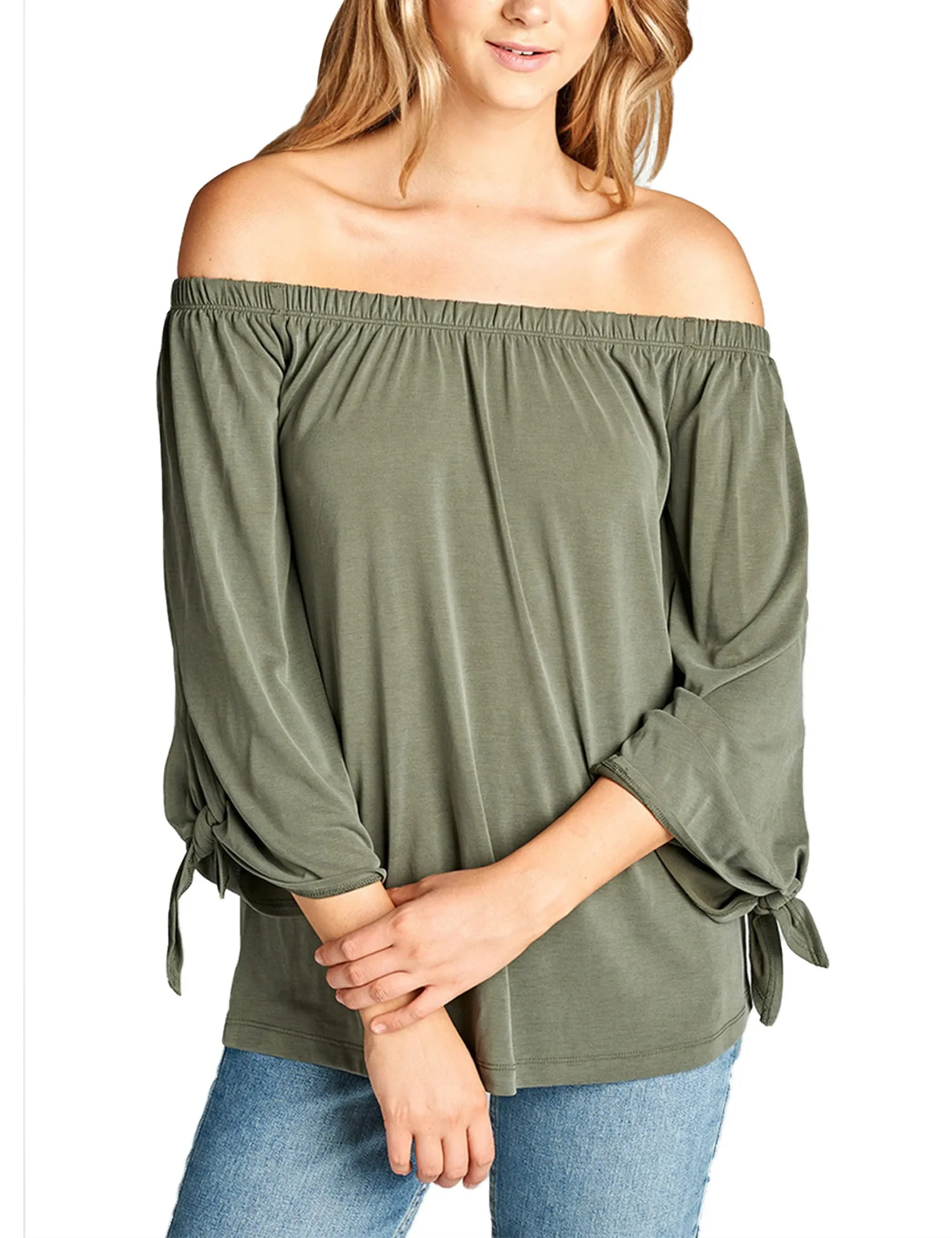 Womens Off the Shoulder Sleeve-Tie Sandwashed Modal Jersey Top