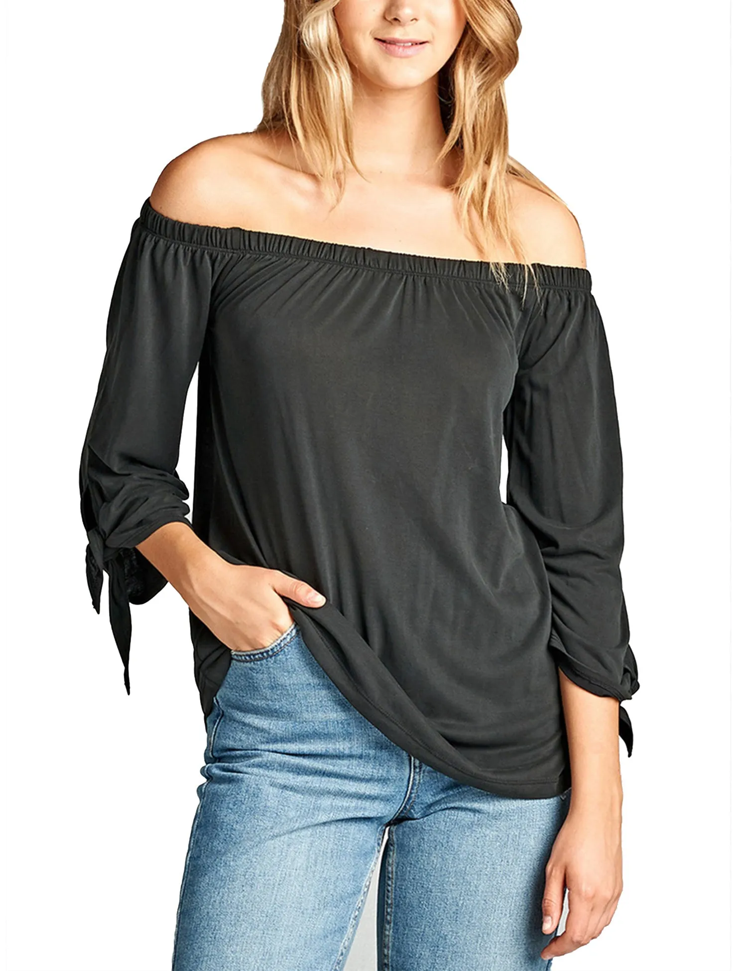 Womens Off the Shoulder Sleeve-Tie Sandwashed Modal Jersey Top