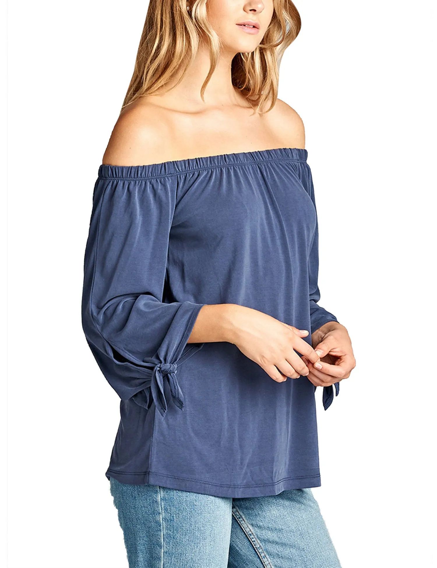 Womens Off the Shoulder Sleeve-Tie Sandwashed Modal Jersey Top