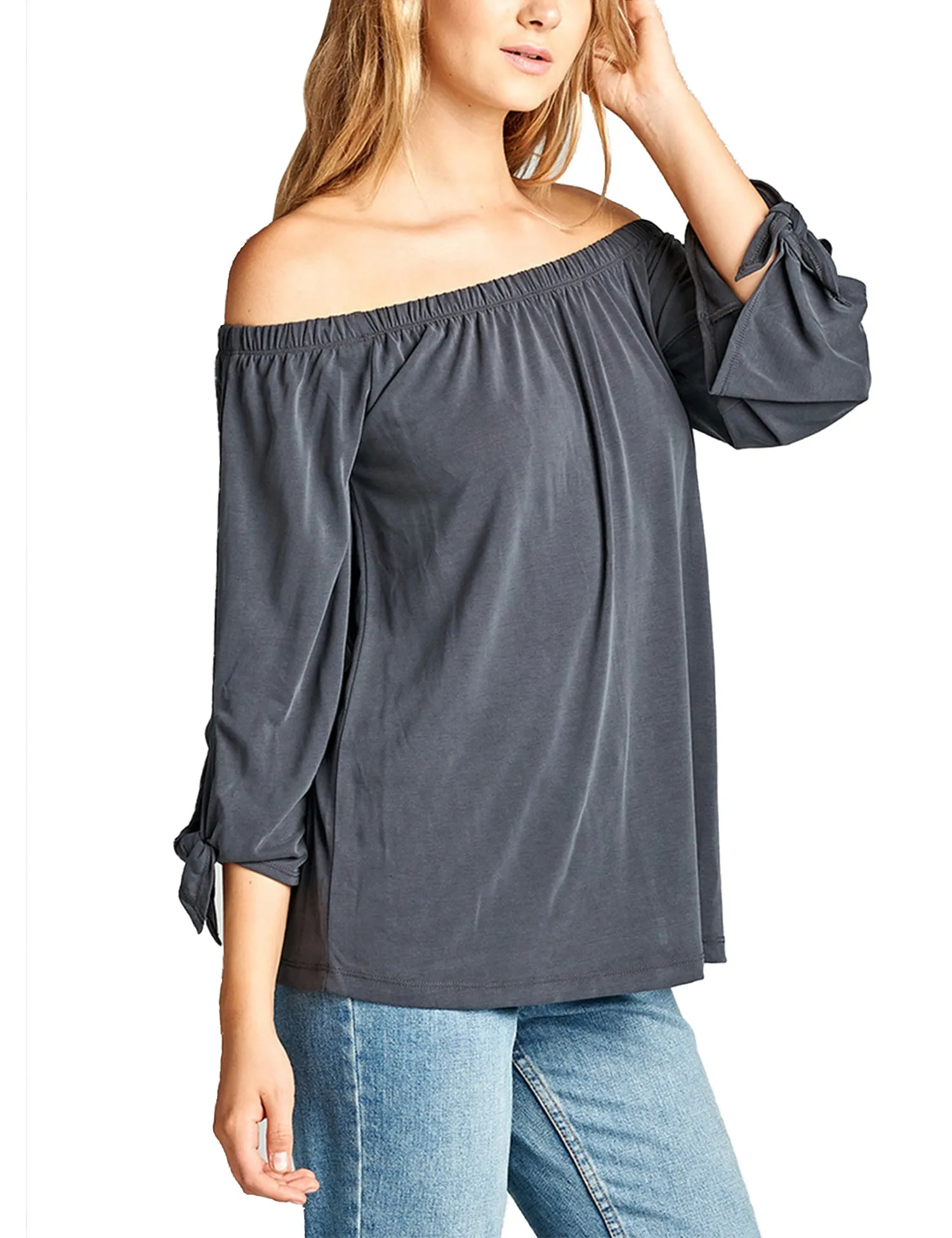 Womens Off the Shoulder Sleeve-Tie Sandwashed Modal Jersey Top