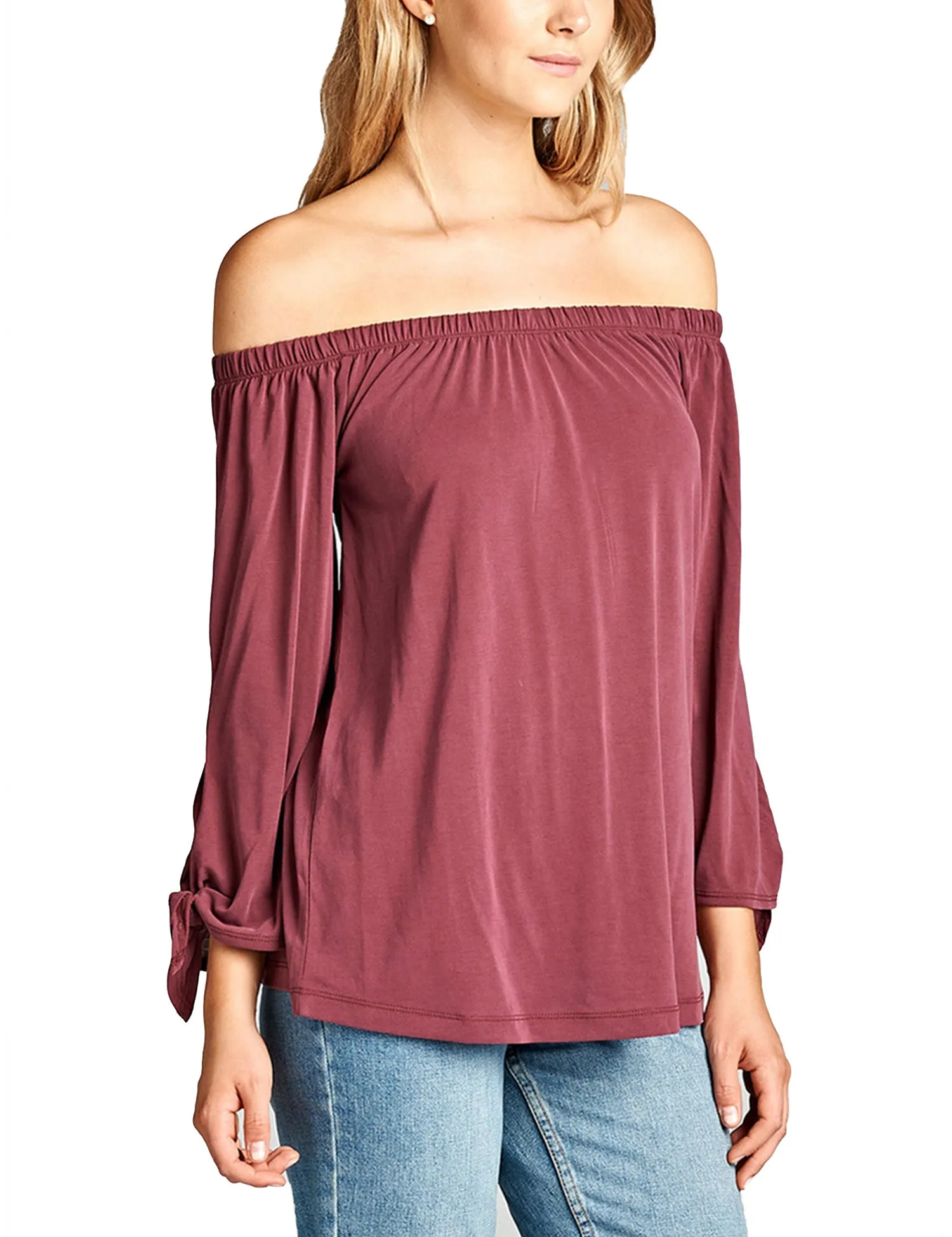 Womens Off the Shoulder Sleeve-Tie Sandwashed Modal Jersey Top