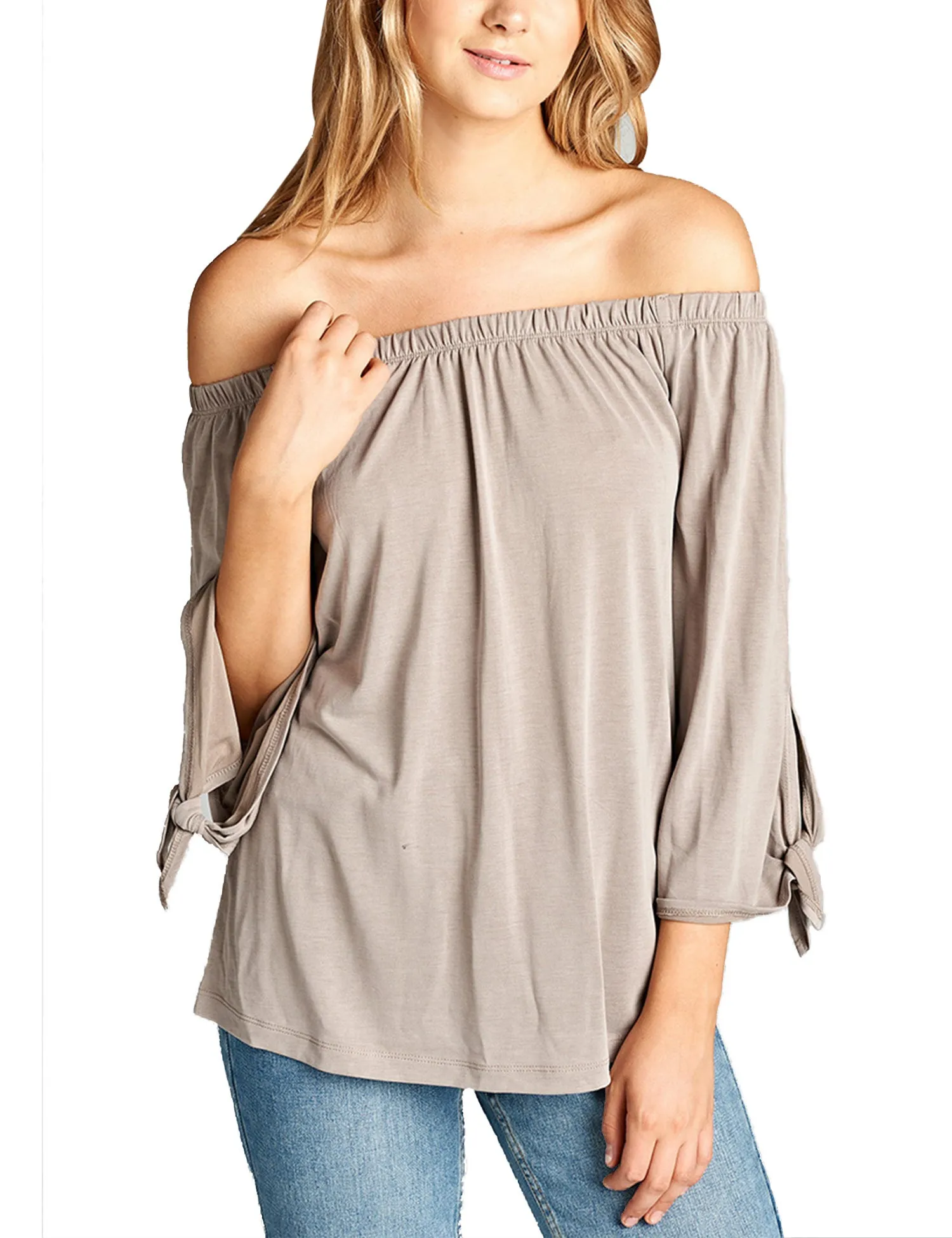 Womens Off the Shoulder Sleeve-Tie Sandwashed Modal Jersey Top