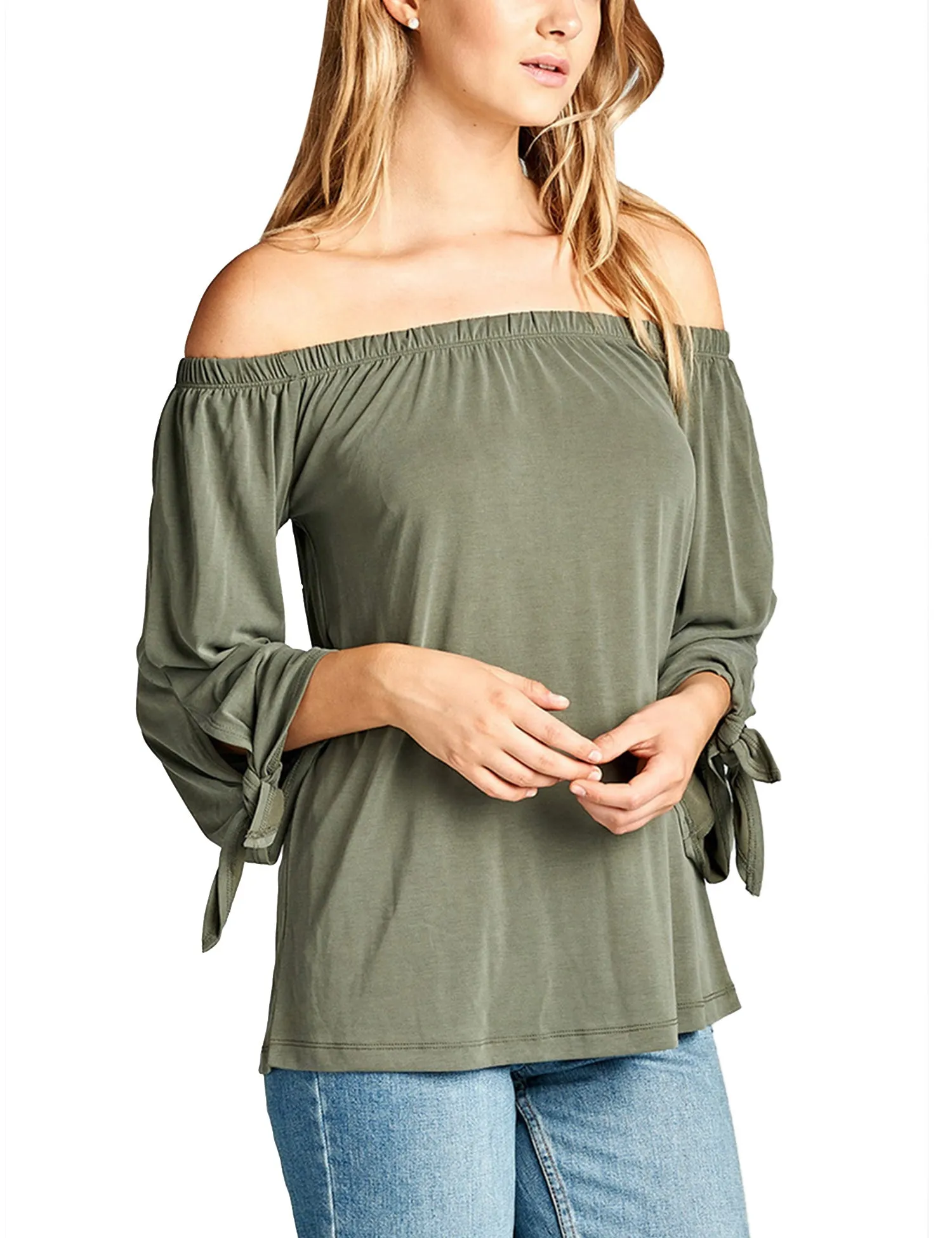 Womens Off the Shoulder Sleeve-Tie Sandwashed Modal Jersey Top