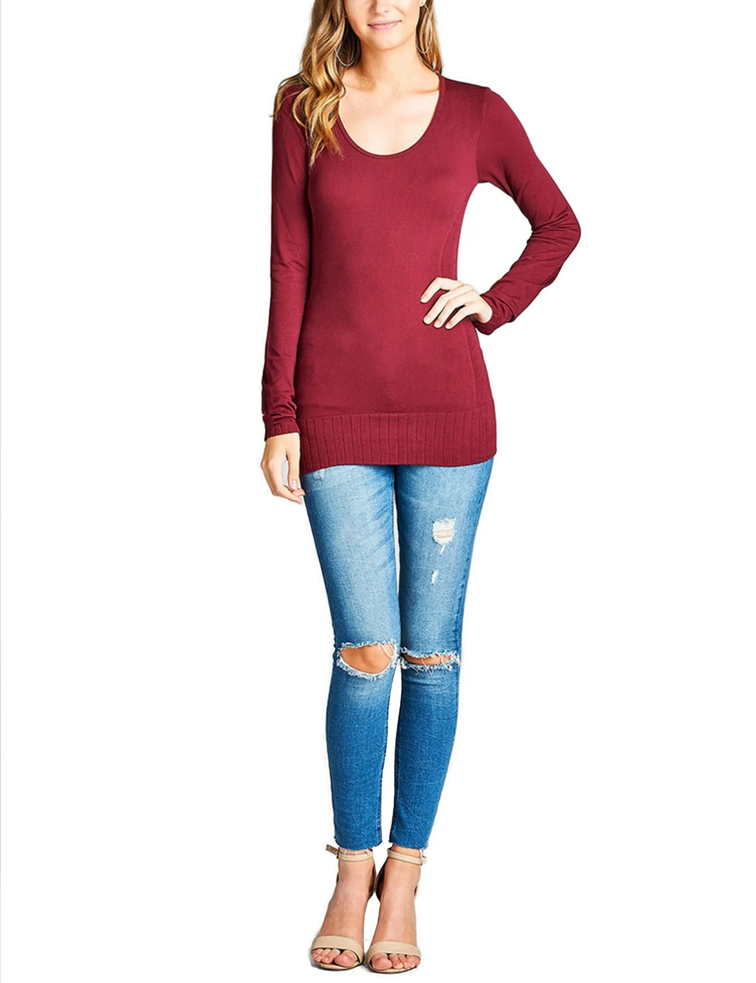 Women's Seamless Scoop Neck Long Sleeve Top with Ribbed Hem