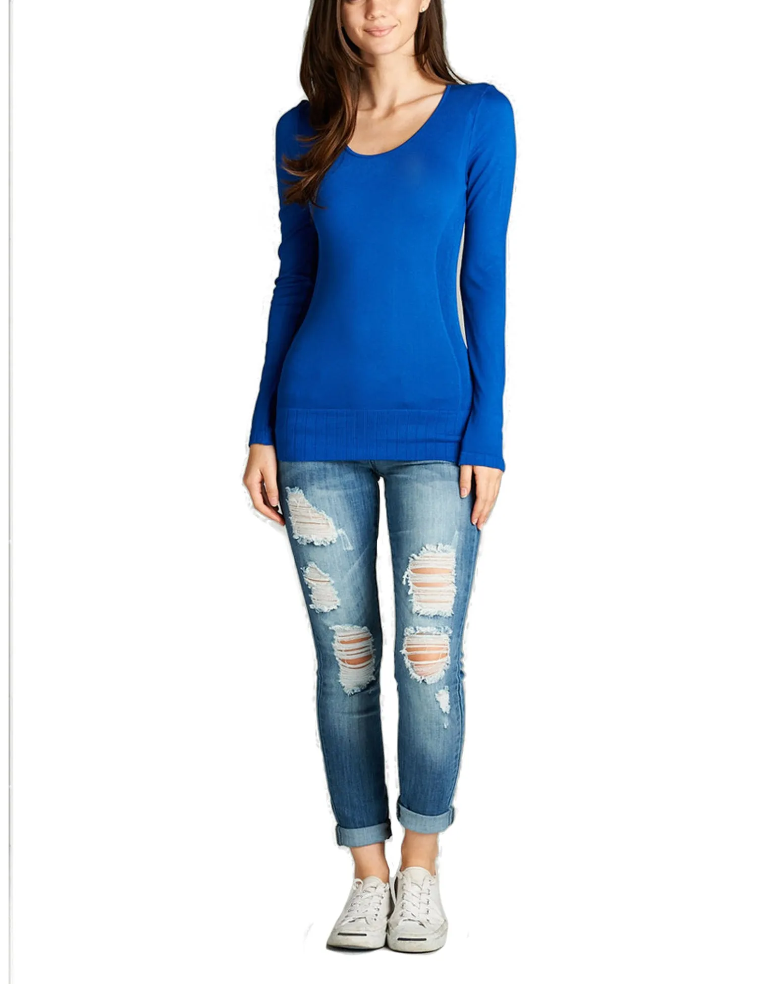 Women's Seamless Scoop Neck Long Sleeve Top with Ribbed Hem