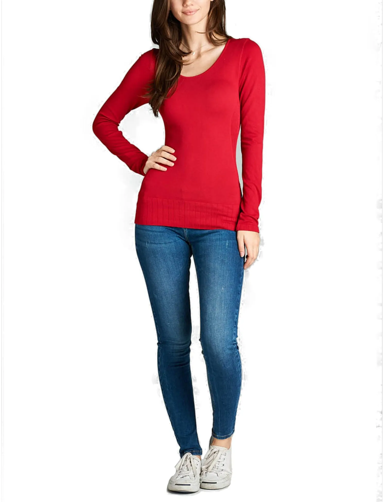 Women's Seamless Scoop Neck Long Sleeve Top with Ribbed Hem