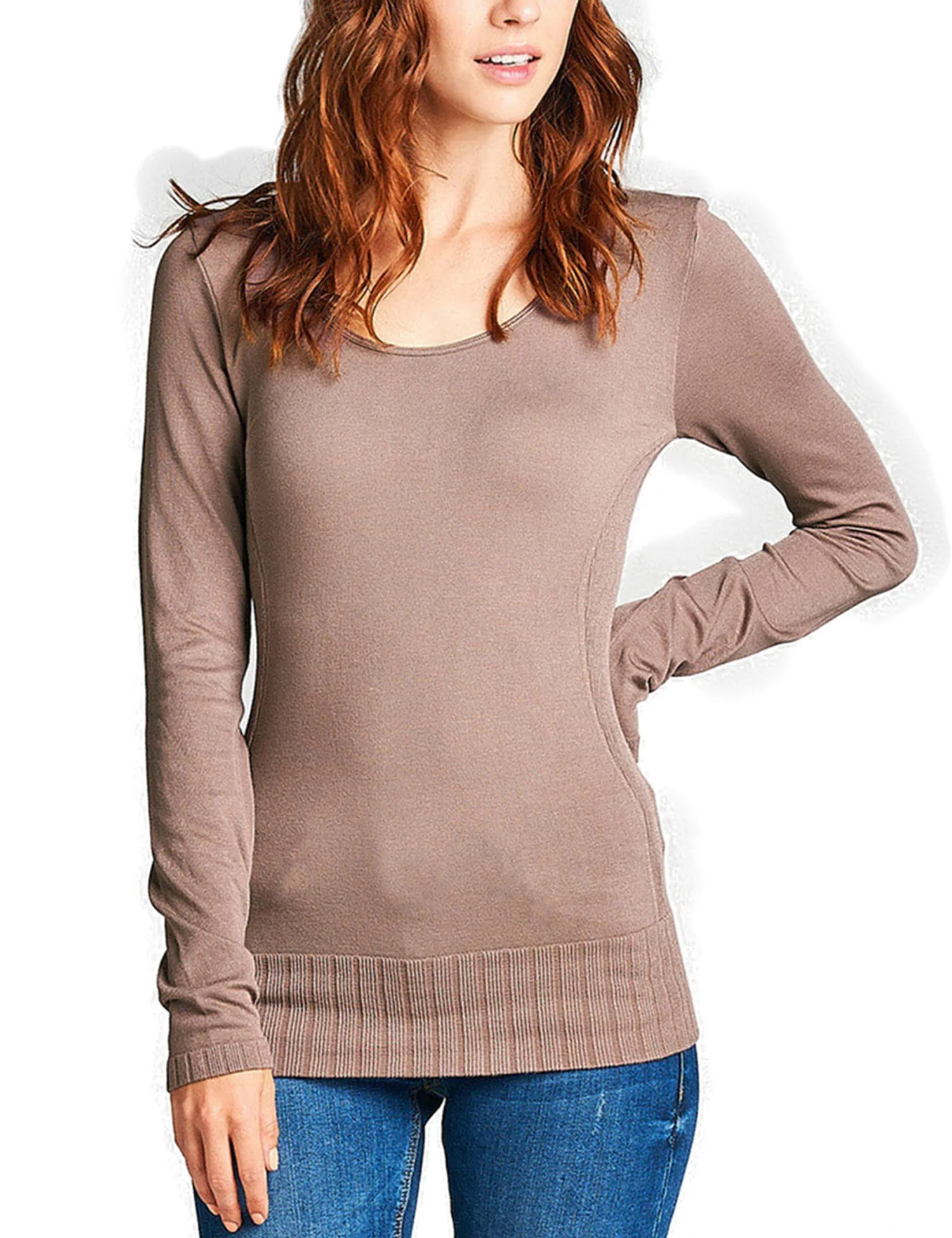 Women's Seamless Scoop Neck Long Sleeve Top with Ribbed Hem