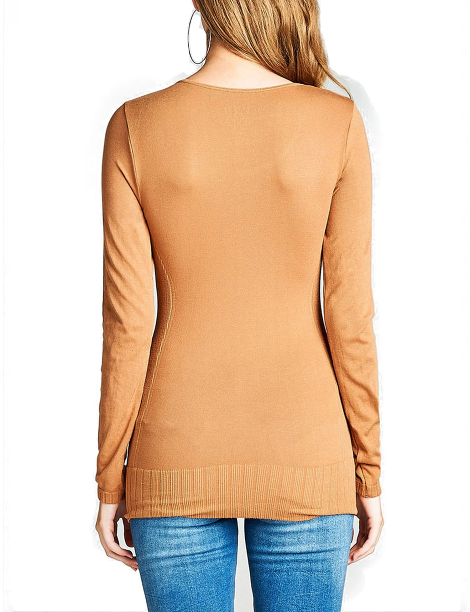 Women's Seamless Scoop Neck Long Sleeve Top with Ribbed Hem