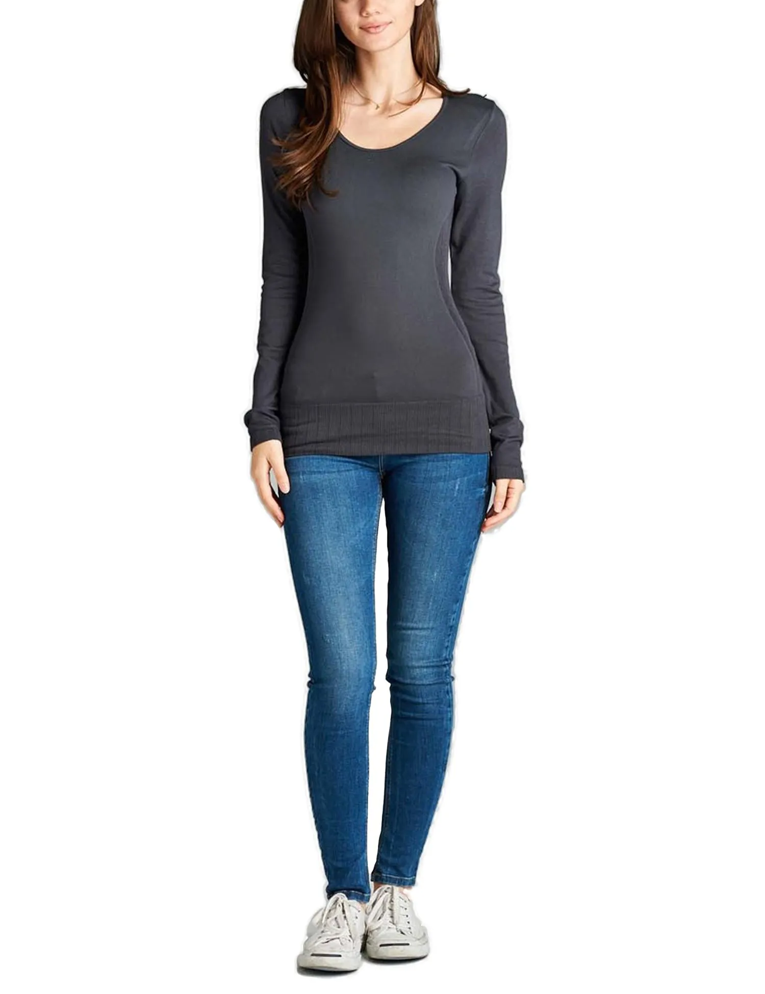 Women's Seamless Scoop Neck Long Sleeve Top with Ribbed Hem