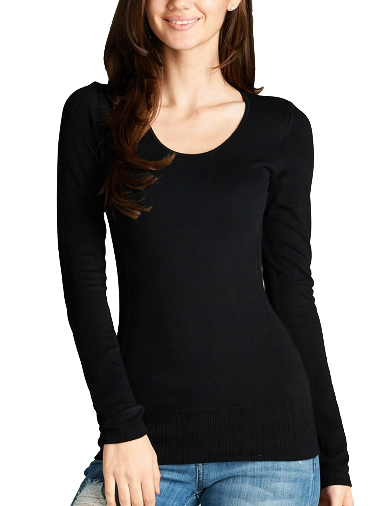 Women's Seamless Scoop Neck Long Sleeve Top with Ribbed Hem