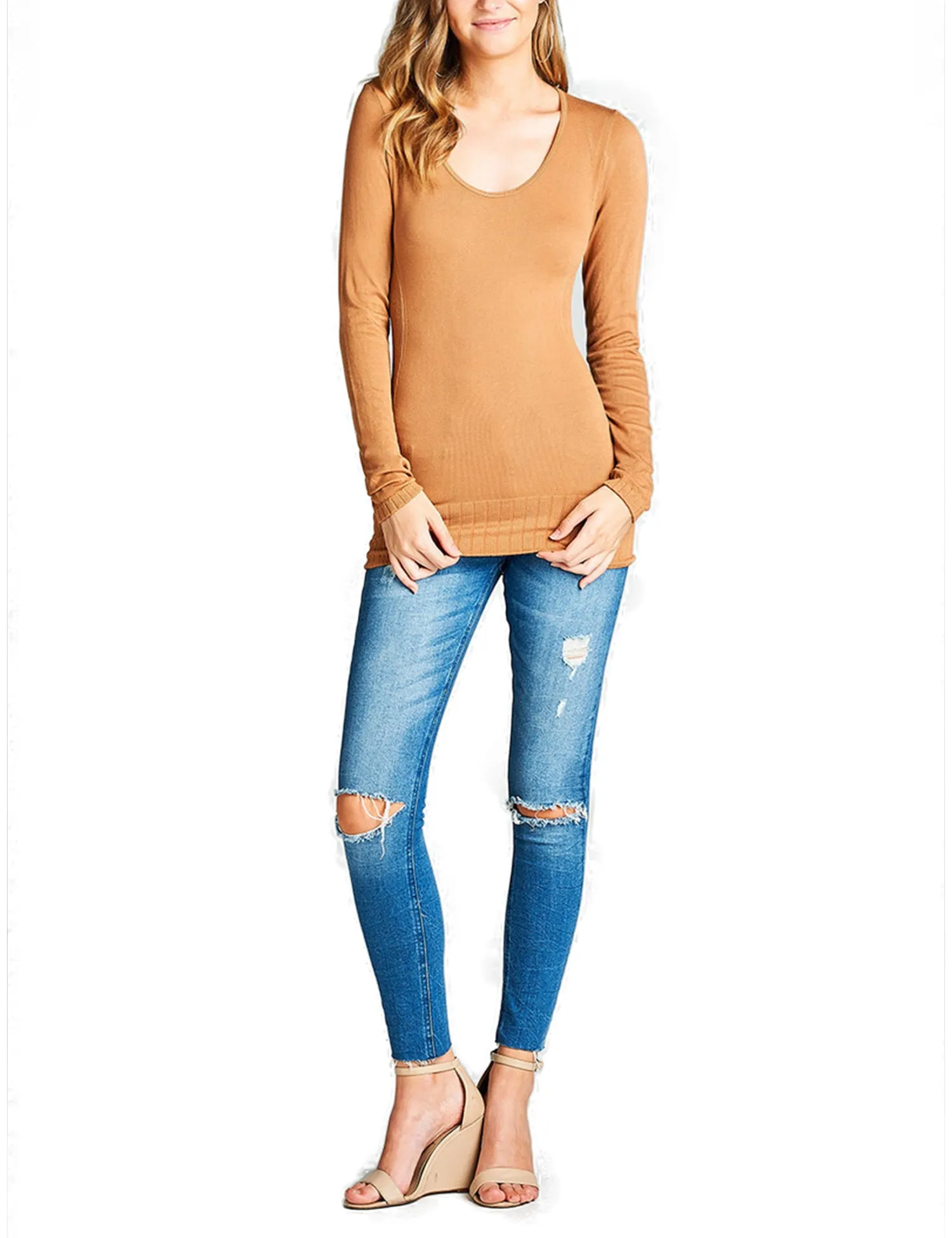 Women's Seamless Scoop Neck Long Sleeve Top with Ribbed Hem