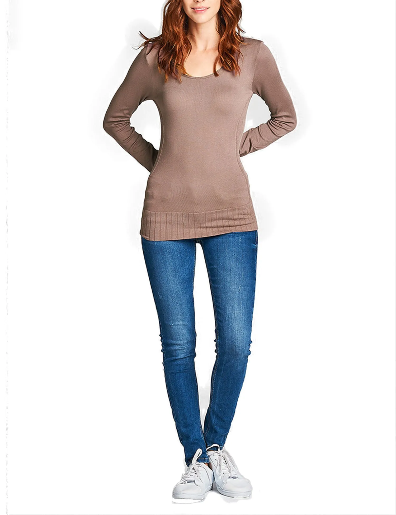 Women's Seamless Scoop Neck Long Sleeve Top with Ribbed Hem