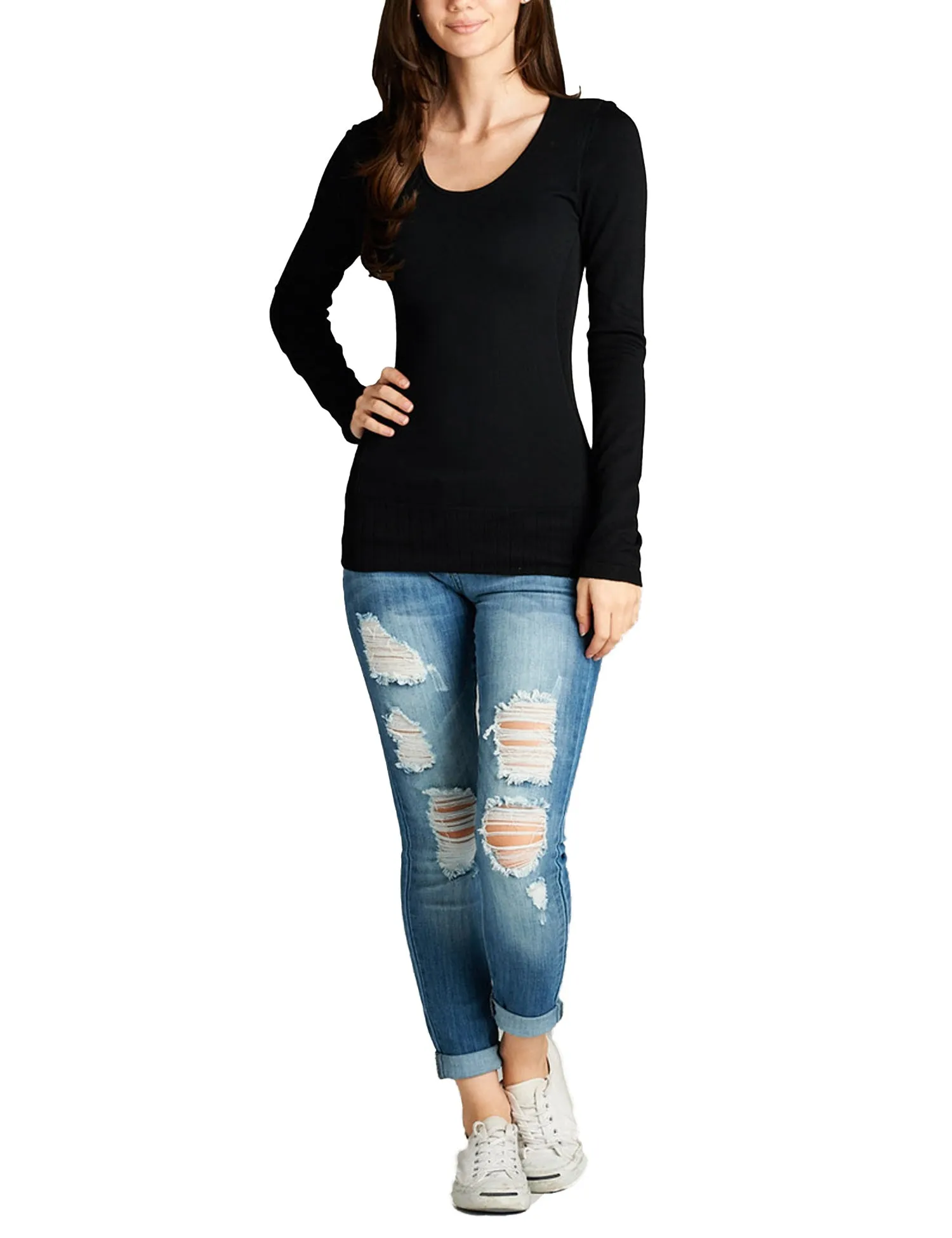 Women's Seamless Scoop Neck Long Sleeve Top with Ribbed Hem