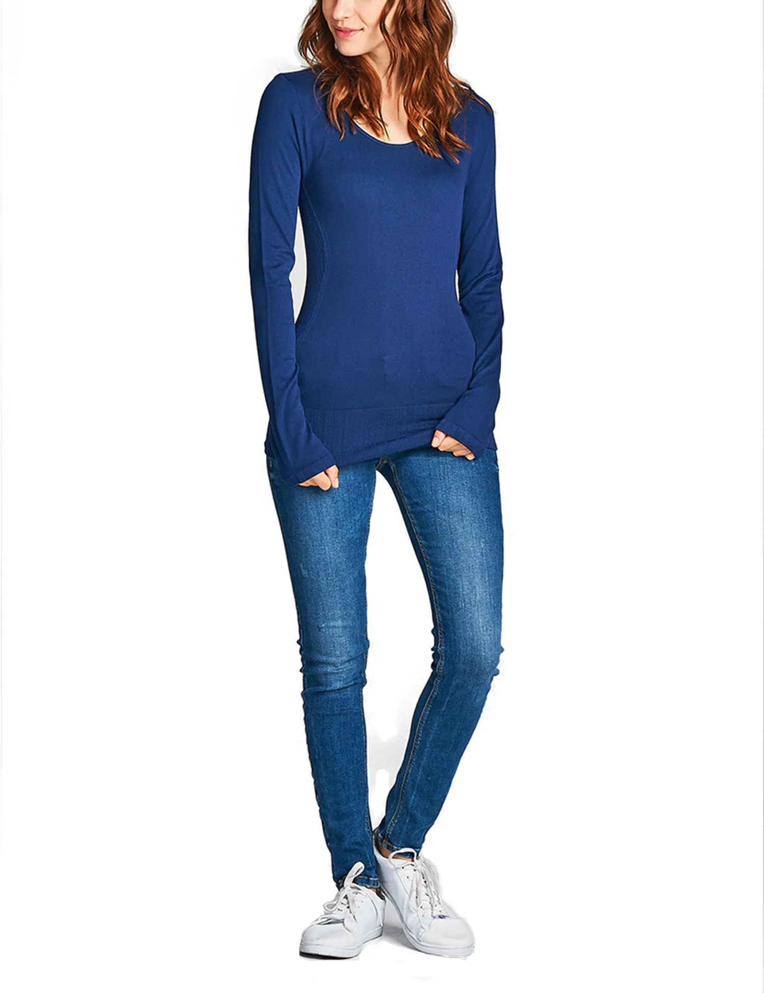 Women's Seamless Scoop Neck Long Sleeve Top with Ribbed Hem