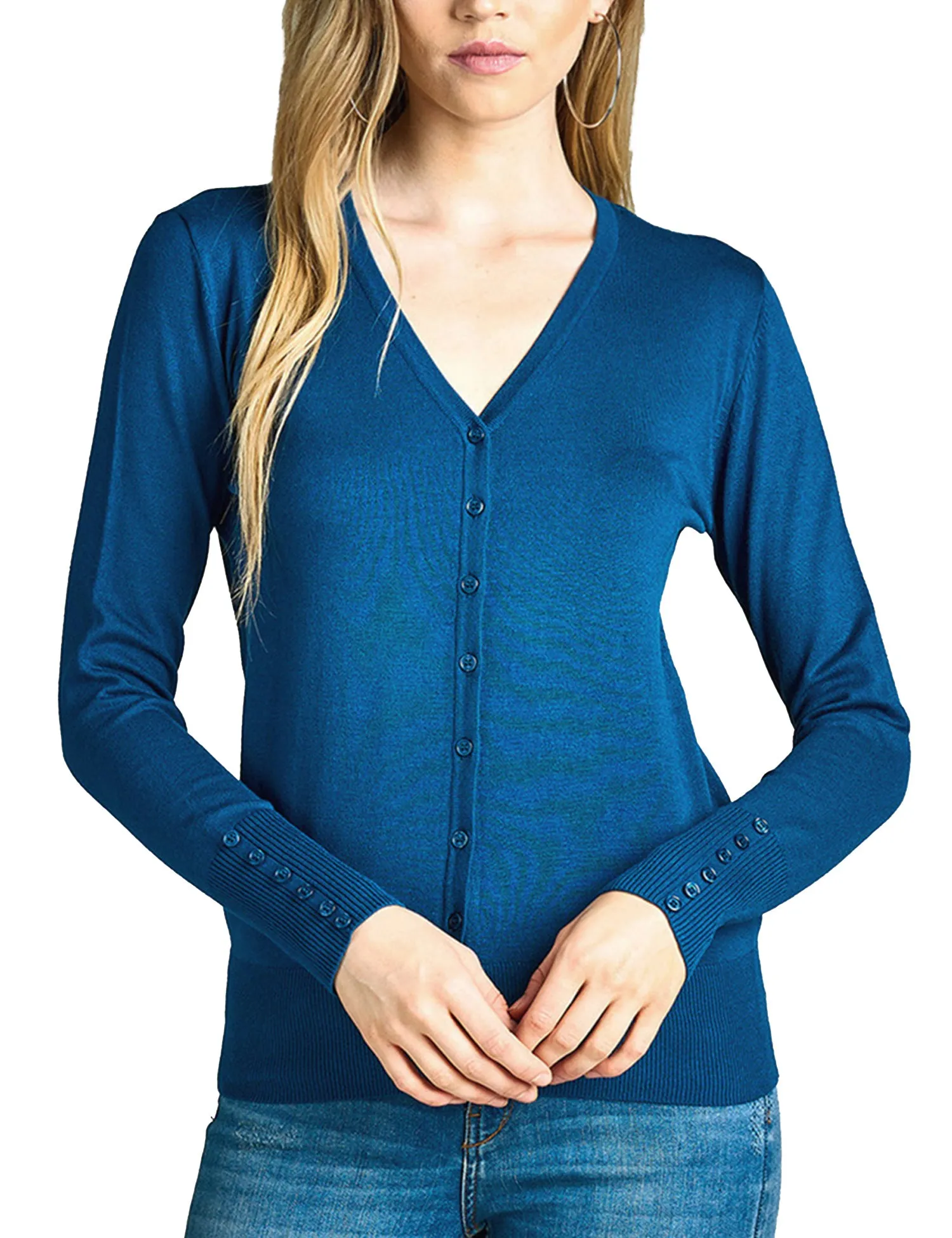 Womens V-Neck Cardigan with Sleeve Button Detail (S-XL)