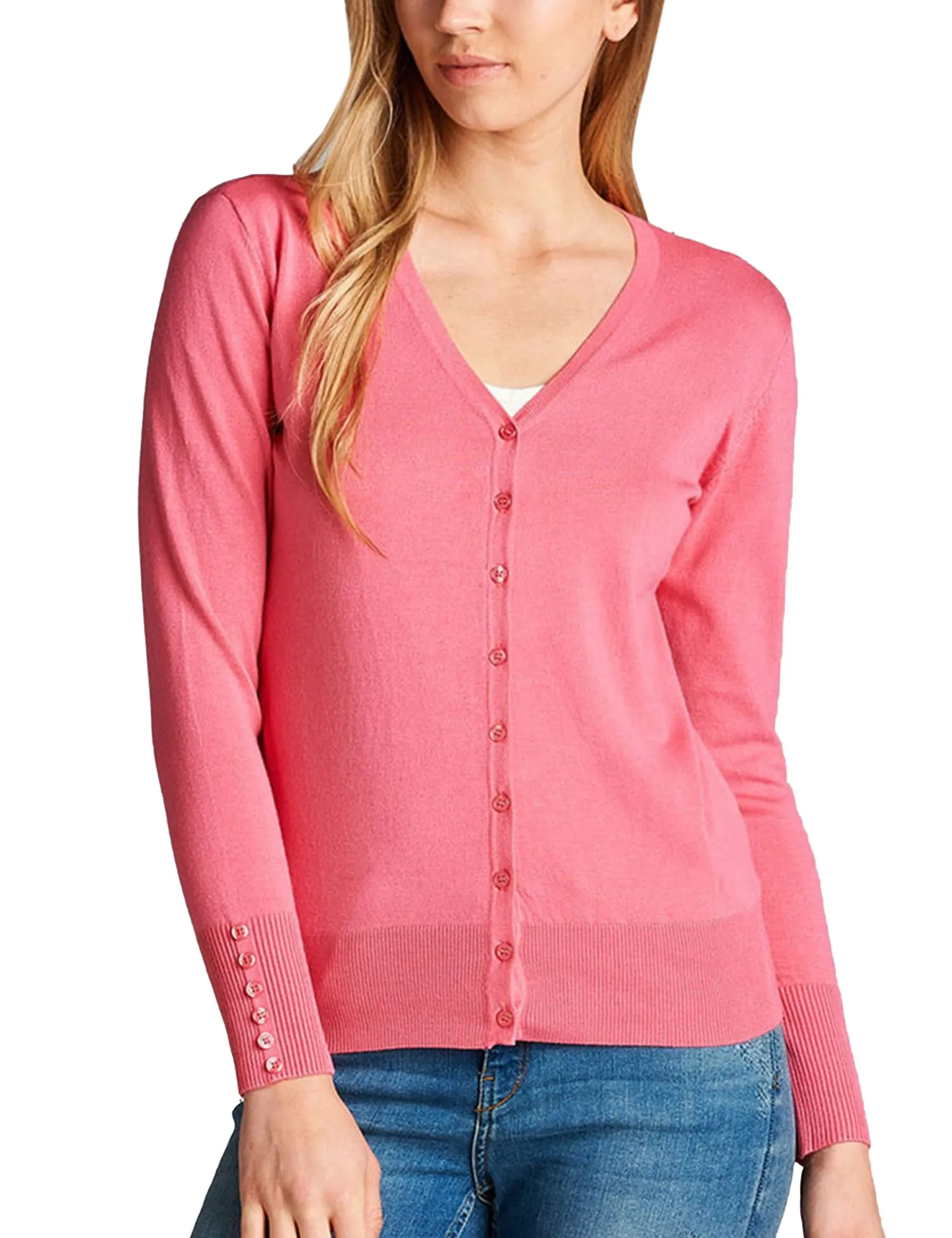 Womens V-Neck Cardigan with Sleeve Button Detail (S-XL)