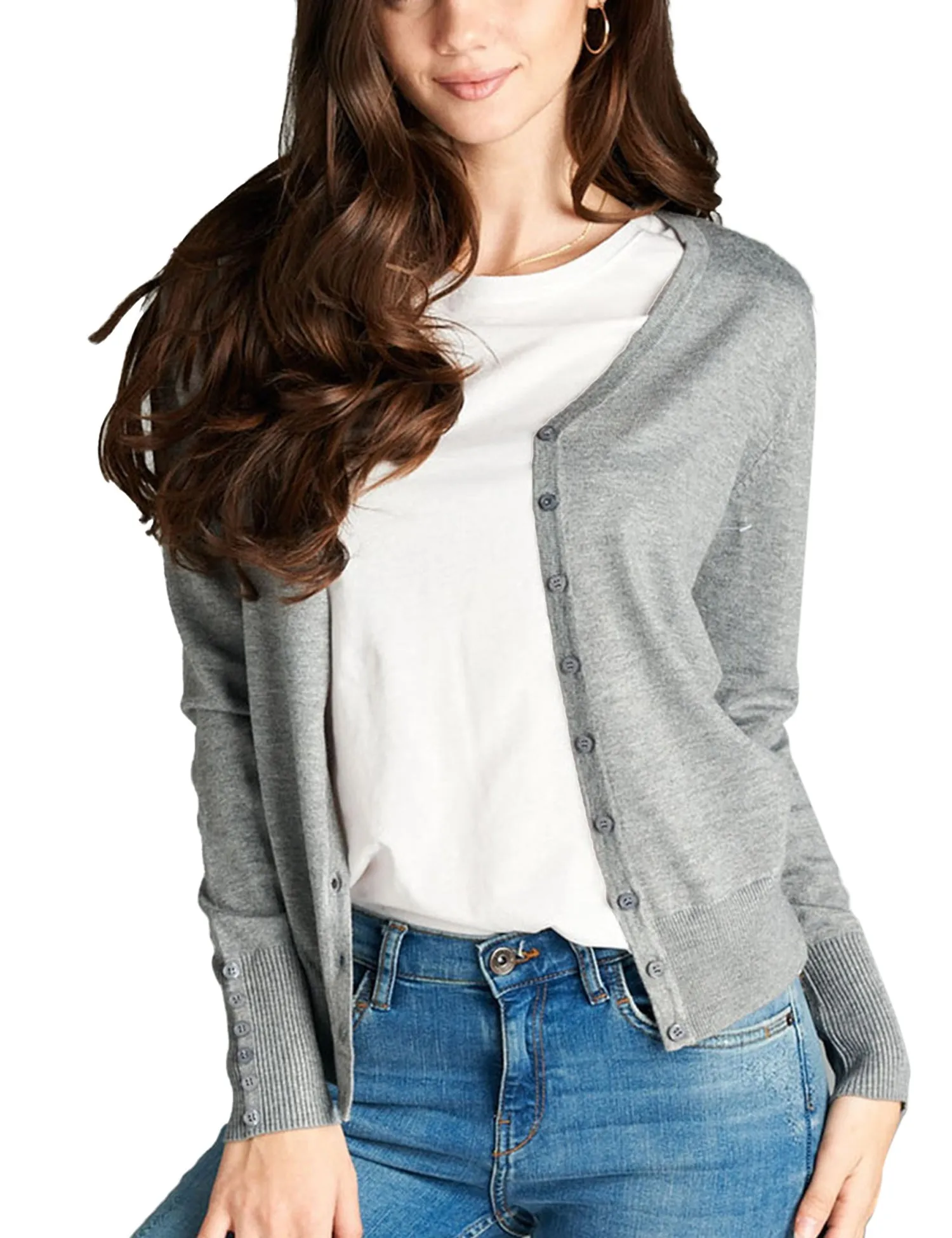 Womens V-Neck Cardigan with Sleeve Button Detail (S-XL)