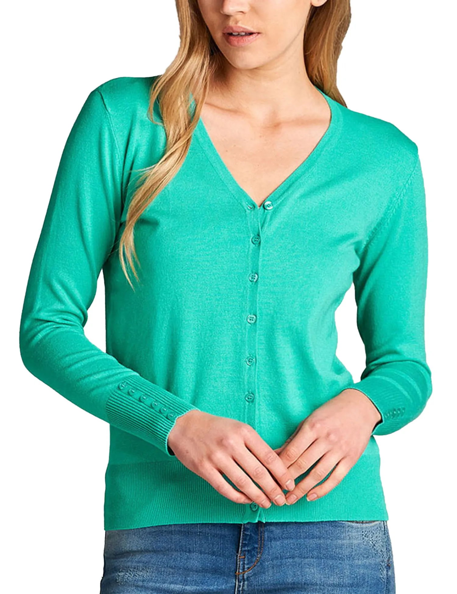 Womens V-Neck Cardigan with Sleeve Button Detail (S-XL)