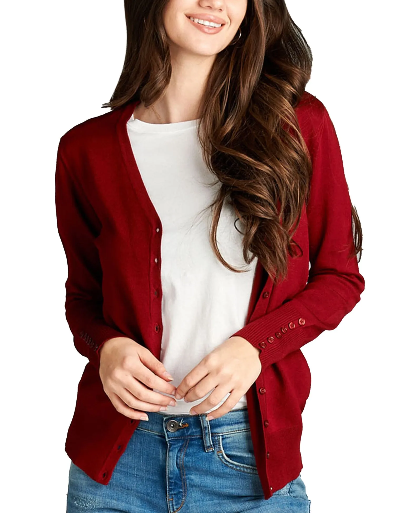 Womens V-Neck Cardigan with Sleeve Button Detail (S-XL)